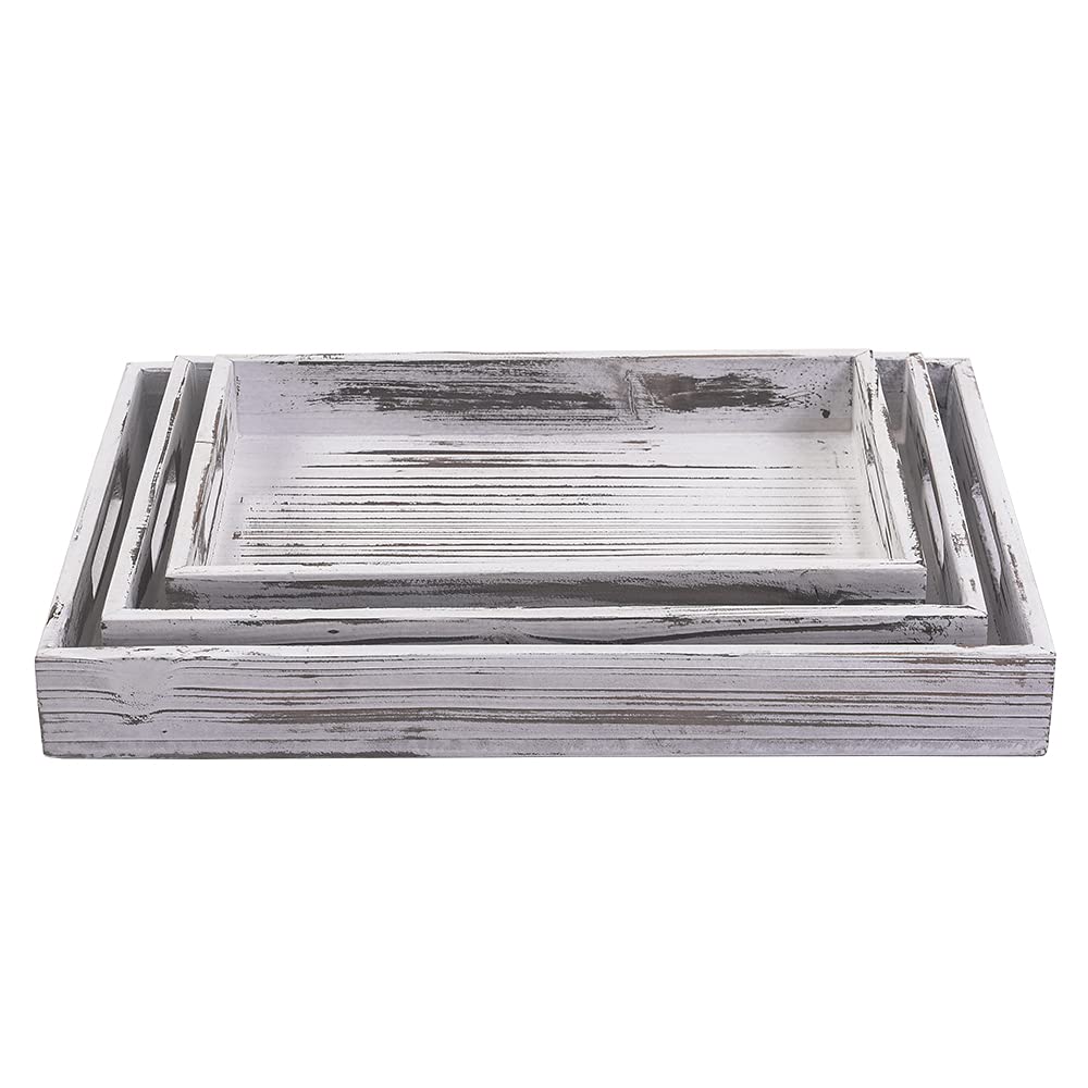 **Rustic Wooden Serving Trays Set of 3 - Handled Ottoman Trays for Food, Drinks & Coffee - Farmhouse Decorative Platter for Dining, Living Room & Kitchen Decor**