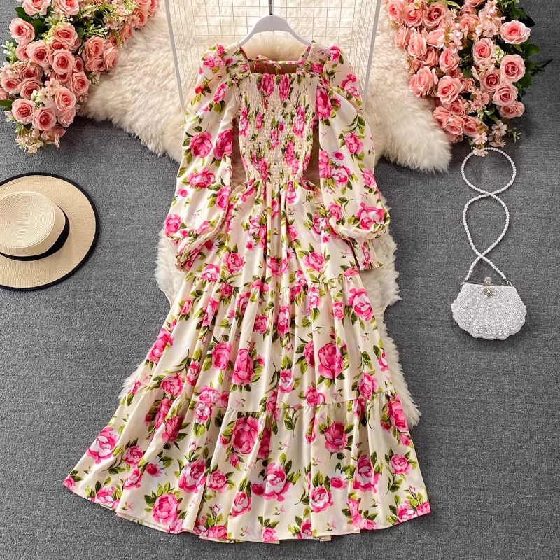 Elegant High Waist Floral Print Puff Sleeve Dress - Summer Square Neck Long Sleeve Midi Dress for Women | Perfect for Garden Parties, Brunch Dates & Spring Weddings
