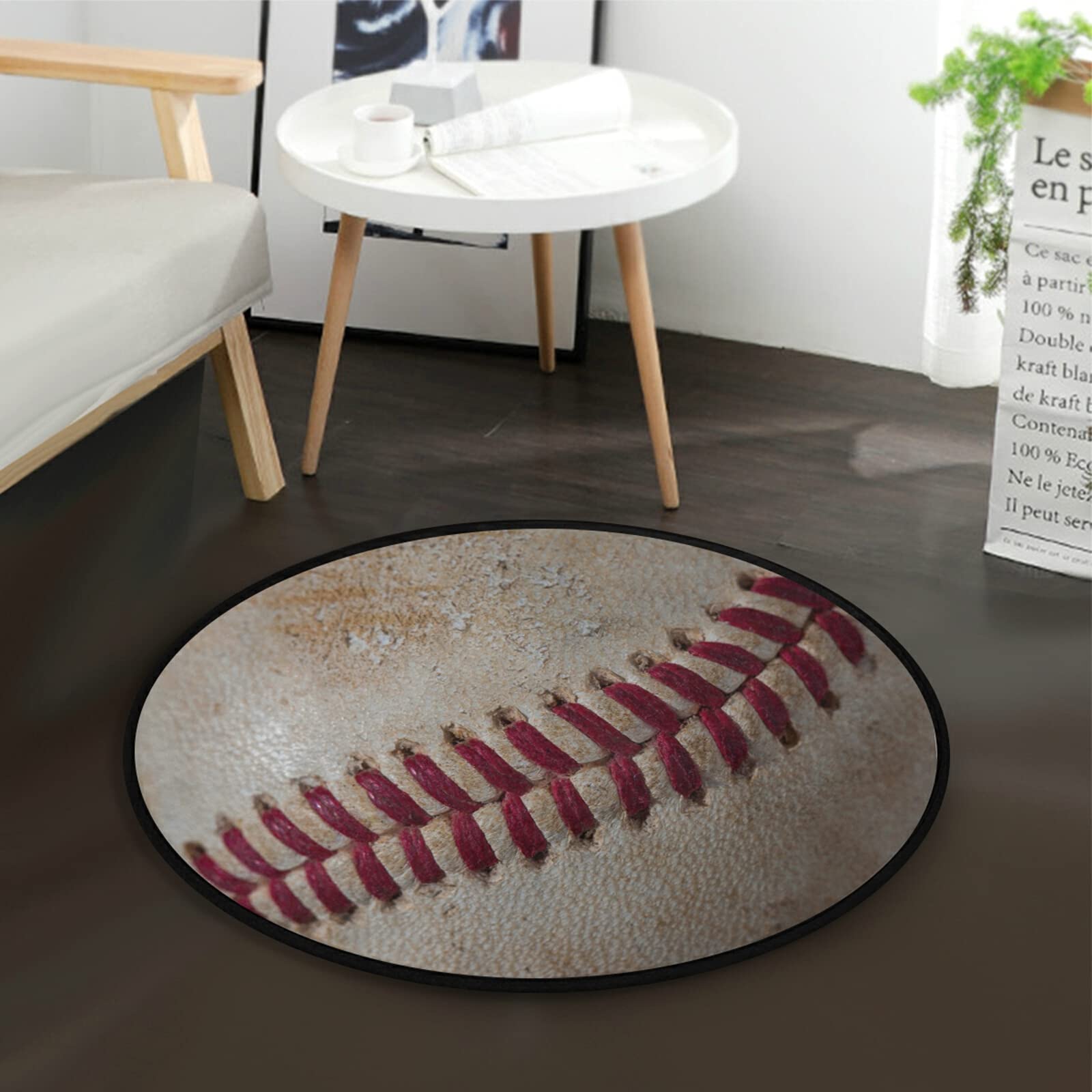 ALAZA Vintage Dirty Baseball Sports Round Area Rug - 3' Diameter (92 cm) Soft Non-Slip Floor Mat for Living Room, Bedroom, Game Room & Man Cave Decor