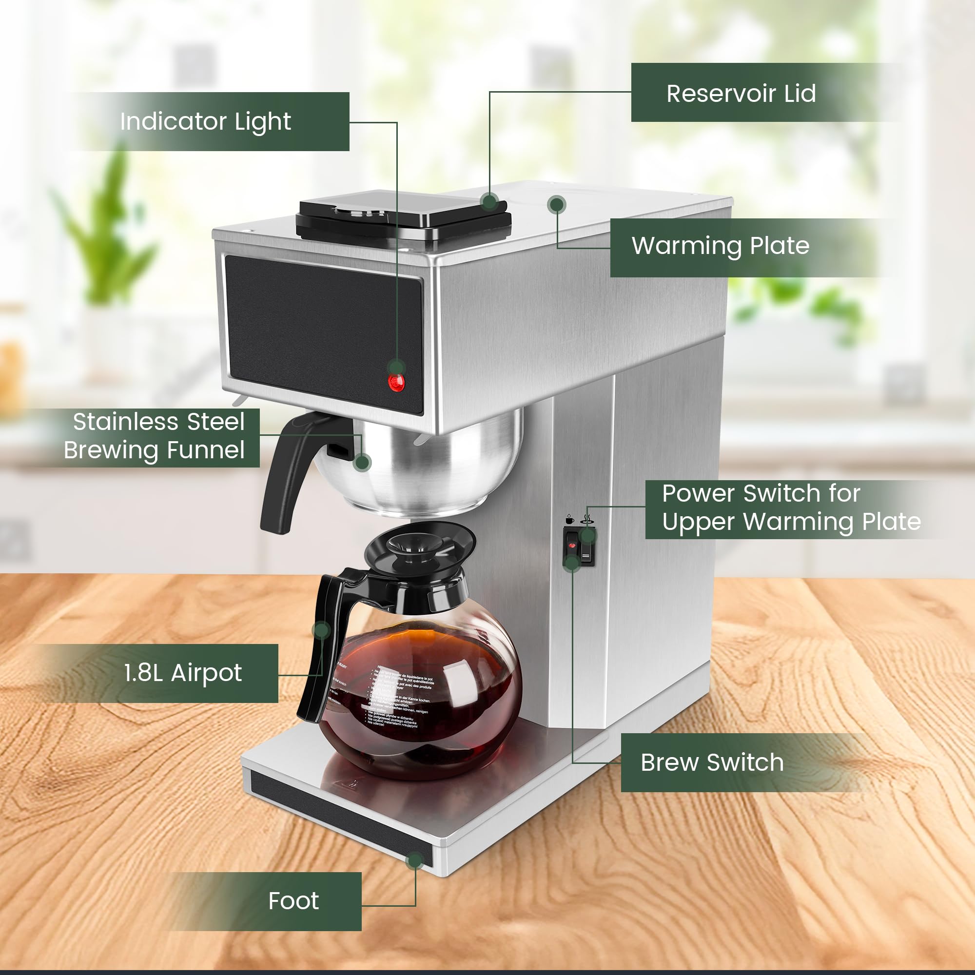 YUANHAO 12-Cup Commercial Coffee Maker with Glass Carafe & Warmer - 120V Pourover Brewer for Restaurants, Offices & Home Use - Perfect for Fresh Brewed Coffee All Day