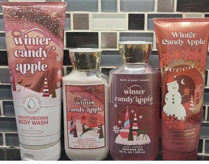 4 Pack Winter Candy Apple Scented Bath & Body Wash - Moisturizing Shower Gel & Lotion Set for Women, Gift Idea for Christmas & Holiday Season - Perfect for Relaxing Baths & Spa Nights at Home