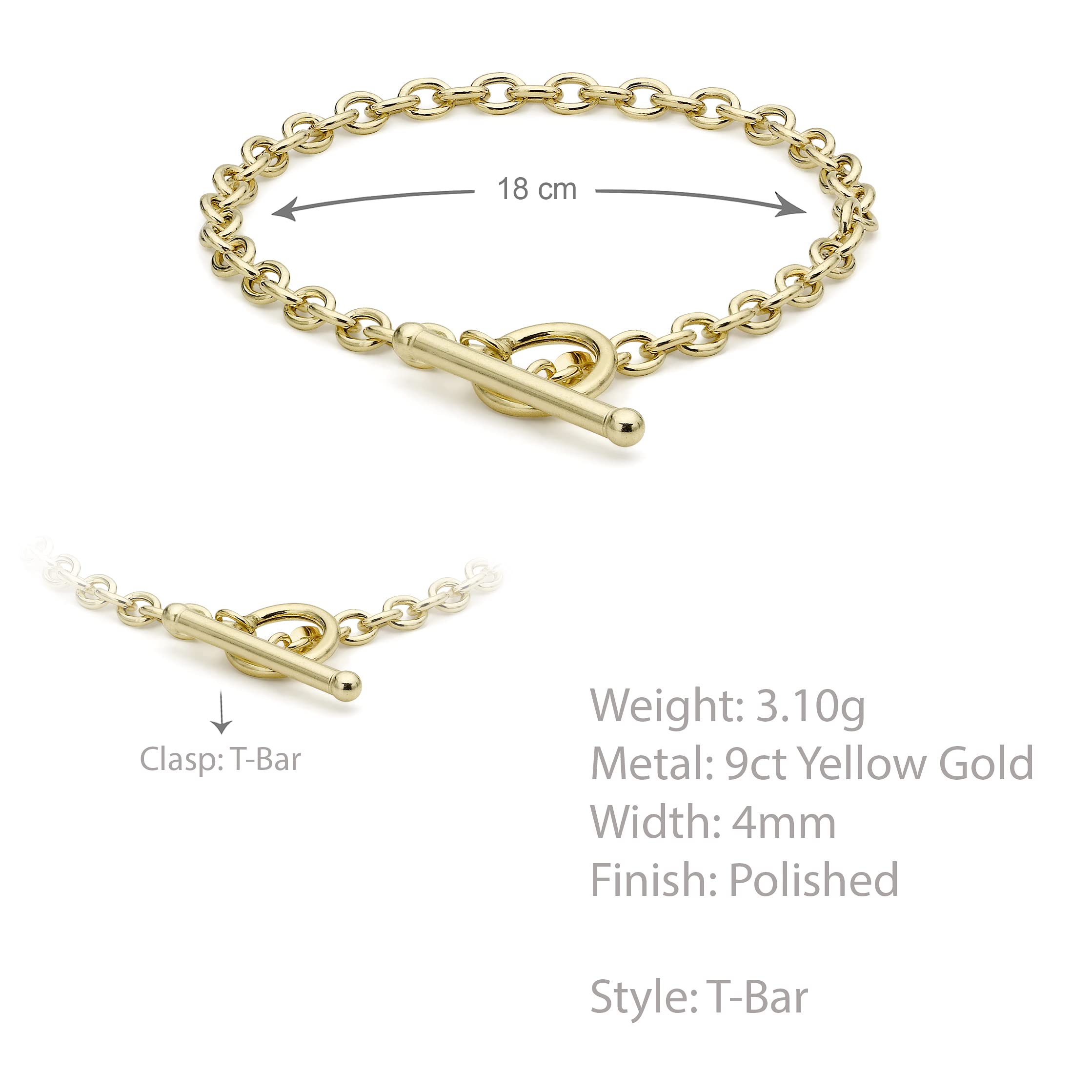 Carissima Gold 9ct Oval Belcher Chain T-Bar Bracelet for Women - Elegant Gold Jewelry for Everyday Wear, Gift Giving & Special Occasions