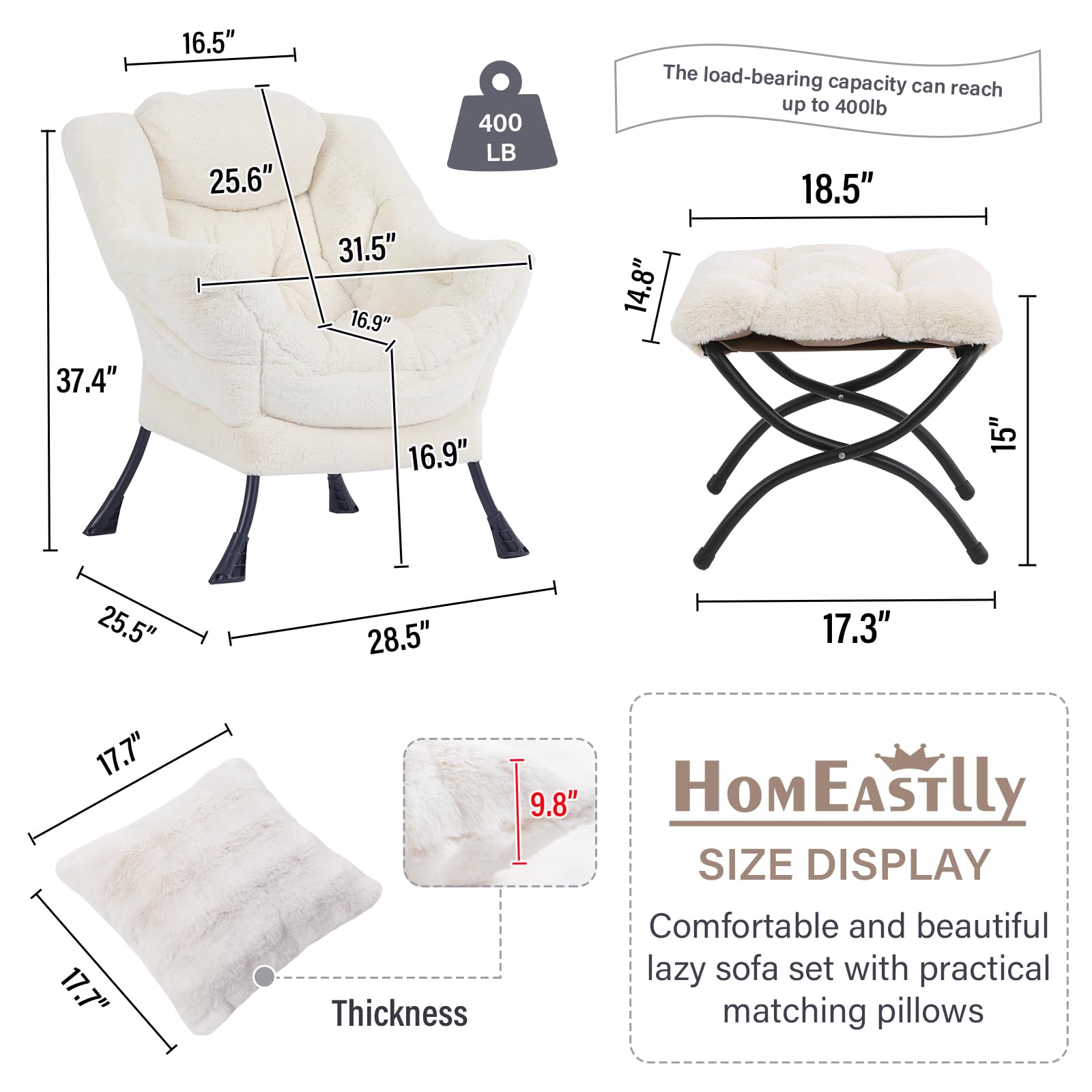 Large Lazy Chair with Ottoman - Plush Beige Accent Reading Chair with Throw Pillow, Cozy Lounge Armchair for Living Room, Bedroom & Dorm | Perfect for Relaxing, Reading & Napping