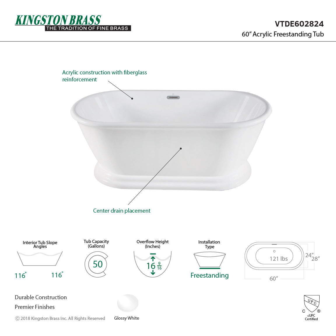 Aqua Eden VTDE602824 60 Inch Glossy White Acrylic Oval Double-Ended Pedestal Bathtub with Drain (No Faucet Holes) - Perfect for Modern Bathroom & Spa Relaxation at Home