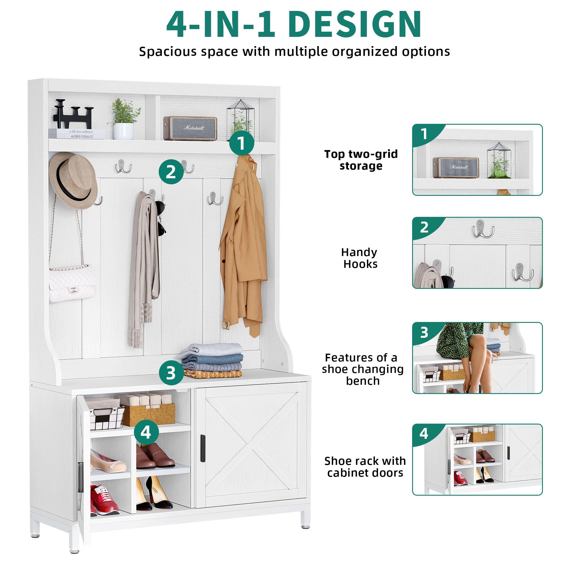 YITAHOME 4-in-1 Entryway Hall Tree with Shoe Storage Bench, Coat Rack & Hanging Hooks - Adjustable Shoe Organizer for Foyer, Mudroom & Home Entrance - Perfect for Storing Shoes, Coats & Accessories in White