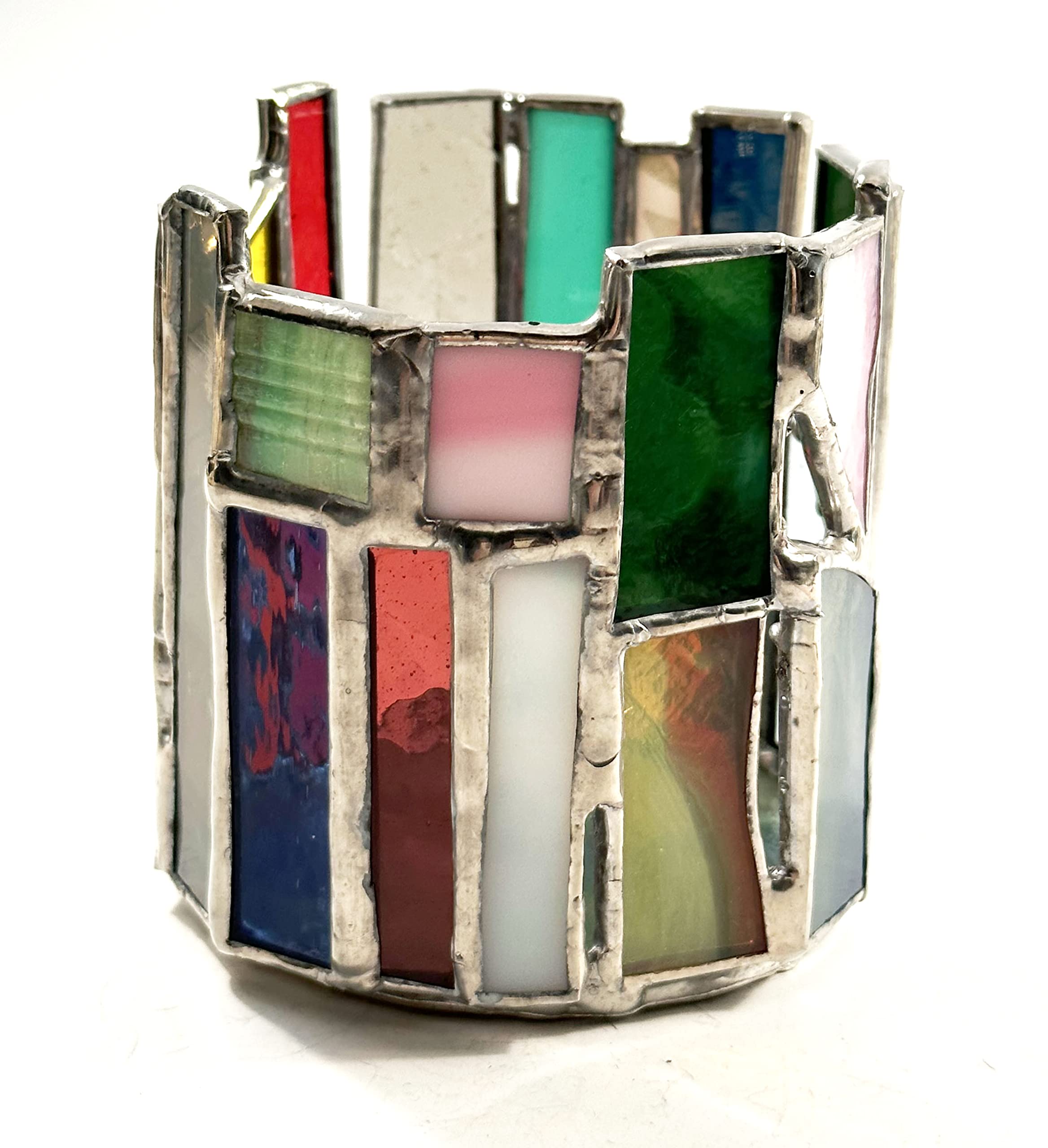 Stained Glass Round Candle Holders - Striped in Yellow, Sea Green, Red, Blue, Pink, Forest Green & Purple | Decorative Home Decor for Dining Table, Wedding Centerpiece & Meditation Space