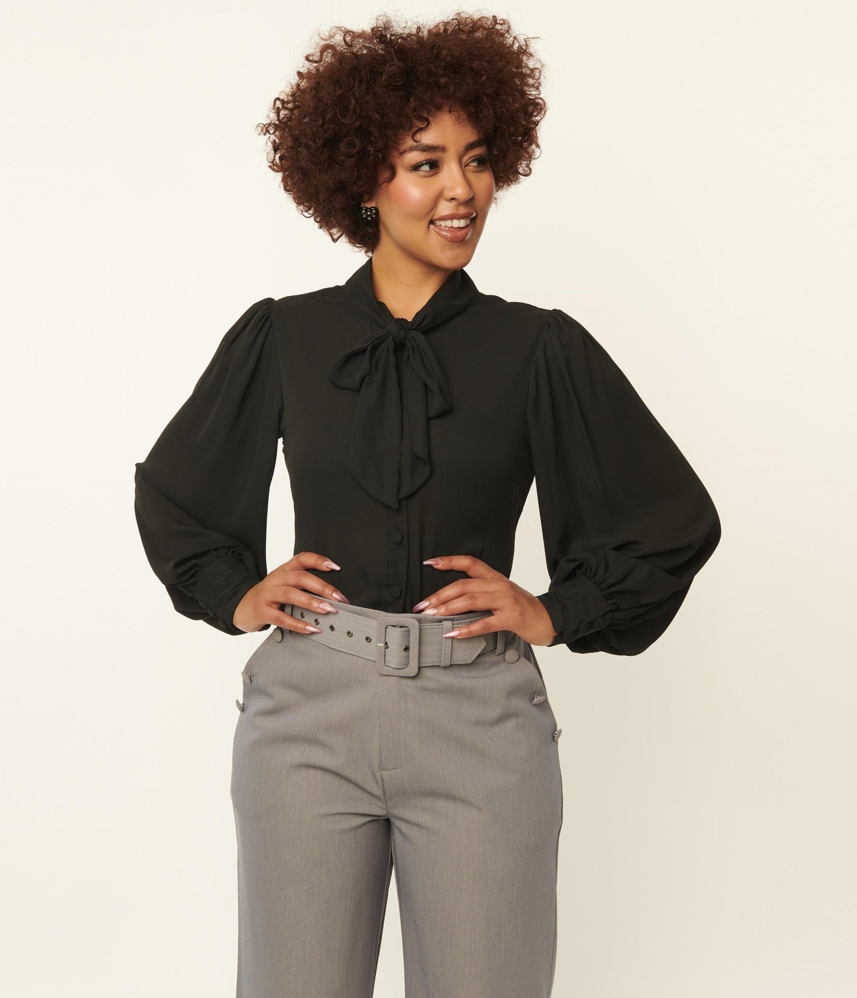 Vintage 1940s Black Neck Tie Gwen Blouse - Retro 1940s Style Women's Top for Office, Party & Special Occasions
