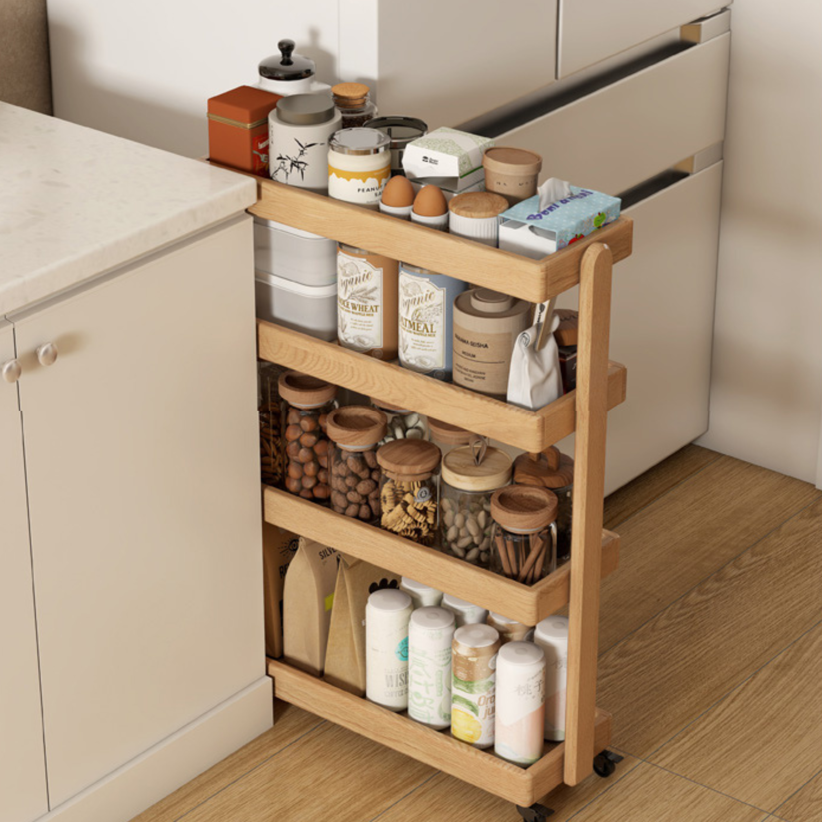 Oak Solid Wood Mobile Storage Rack Cart - Ultra Narrow Space-Saving Organizer for Kitchen, Bathroom, or Office Use