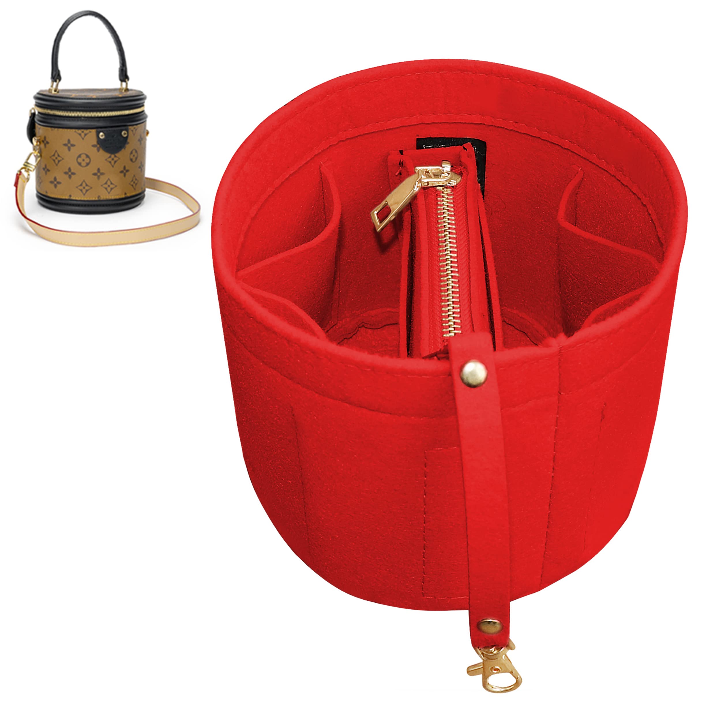 Soyizom Felt Cylinder Bucket Bag Organizer Insert with Detachable Pouch & Keychains - Perfect for Cannes Barrel Shape Handbags (Red) | Travel & Everyday Purse Organization Accessory