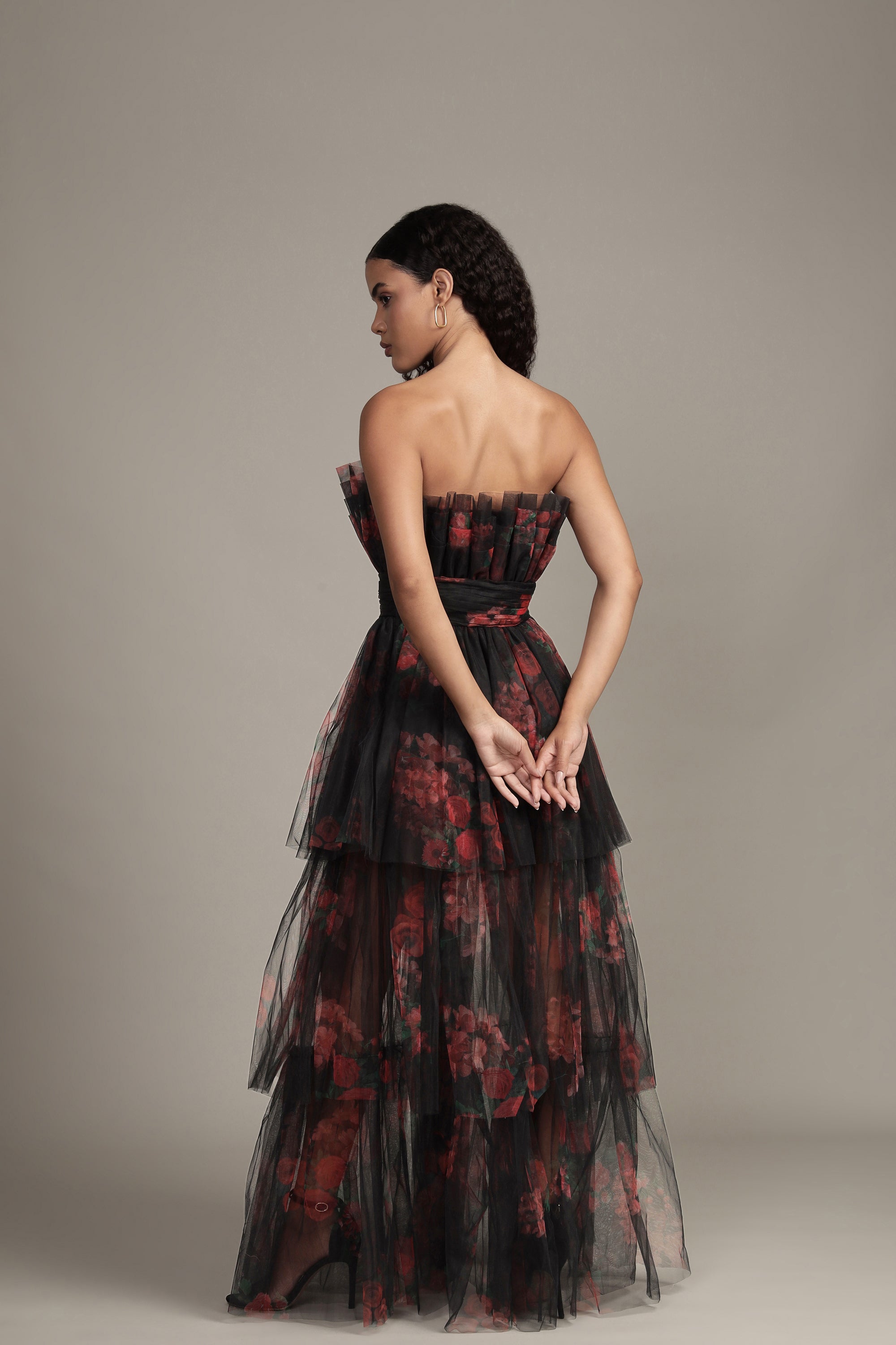Natalia Black and Red Floral Tulle Maxi Dress for Women - Elegant Evening Gown for Weddings, Parties & Special Occasions