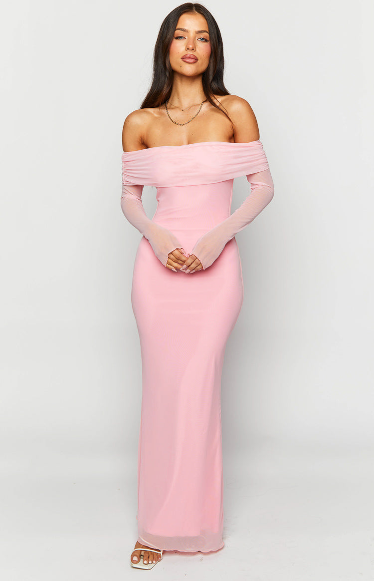 Coraline Pink Long Sleeve Maxi Dress for Women - Elegant Flowy Boho Style Formal Evening Gown - Perfect for Weddings, Parties & Special Occasions