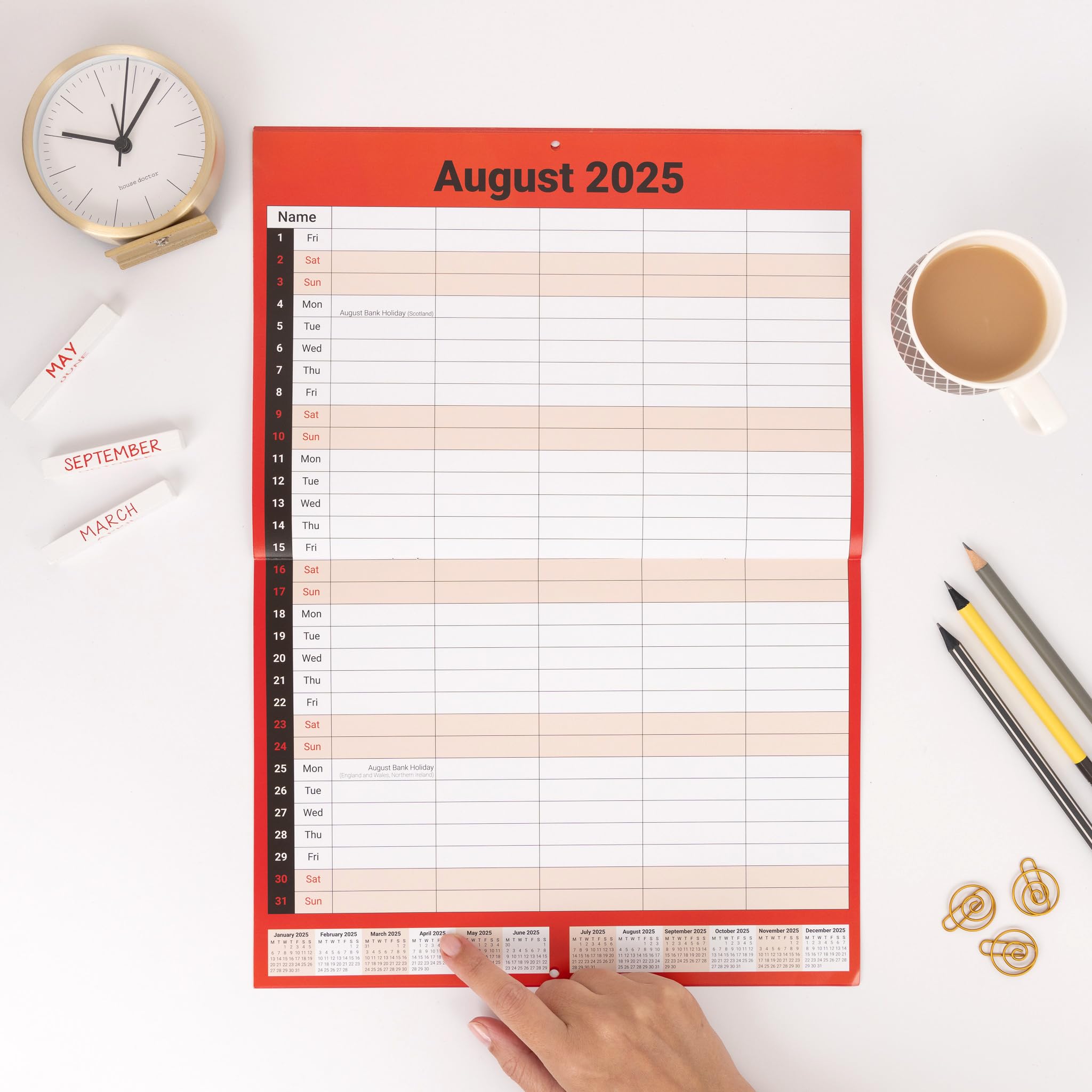 2025 Family Calendar A3 Size - 5 Column Monthly Wall Planner with Red & White Design - Perfect for Home, Office & School Organization