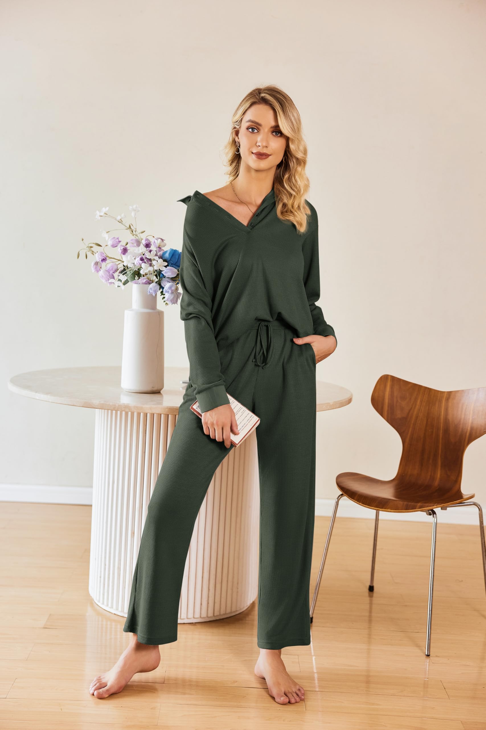 Ekouaer Women's Waffle Knit Pajama Set - 2 Piece Long Sleeve Button Down Top & Wide Leg Pants with Pockets - Soft Loungewear for Sleep, Relaxation & Home Comfort
