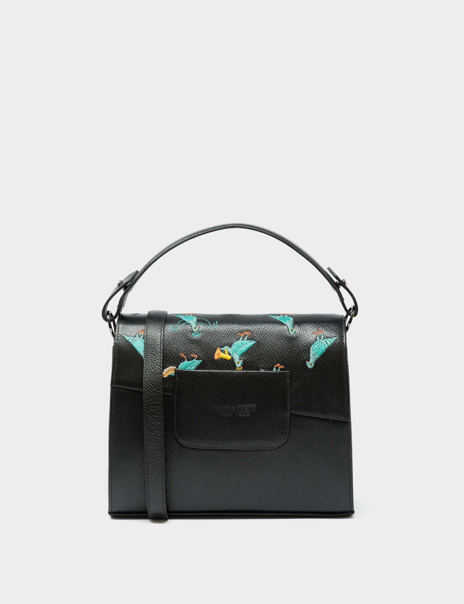 Anastasio Mini Crossbody Handbag - Black Genuine Leather with Pigeonista Embroidery | Stylish & Compact Purse for Women | Perfect for Everyday Use, Travel & Date Nights