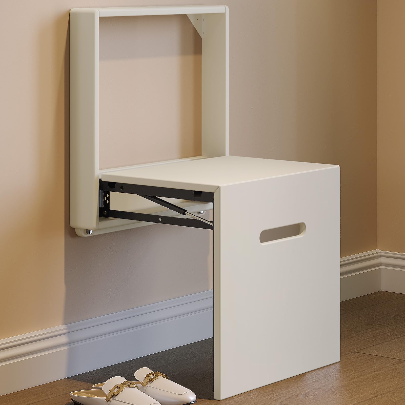Wall Mounted Folding Shoe Changing Stool - Space Saving Entryway Bench with Hidden Design, White - Perfect for Small Hallways, Mudrooms & Home Organization