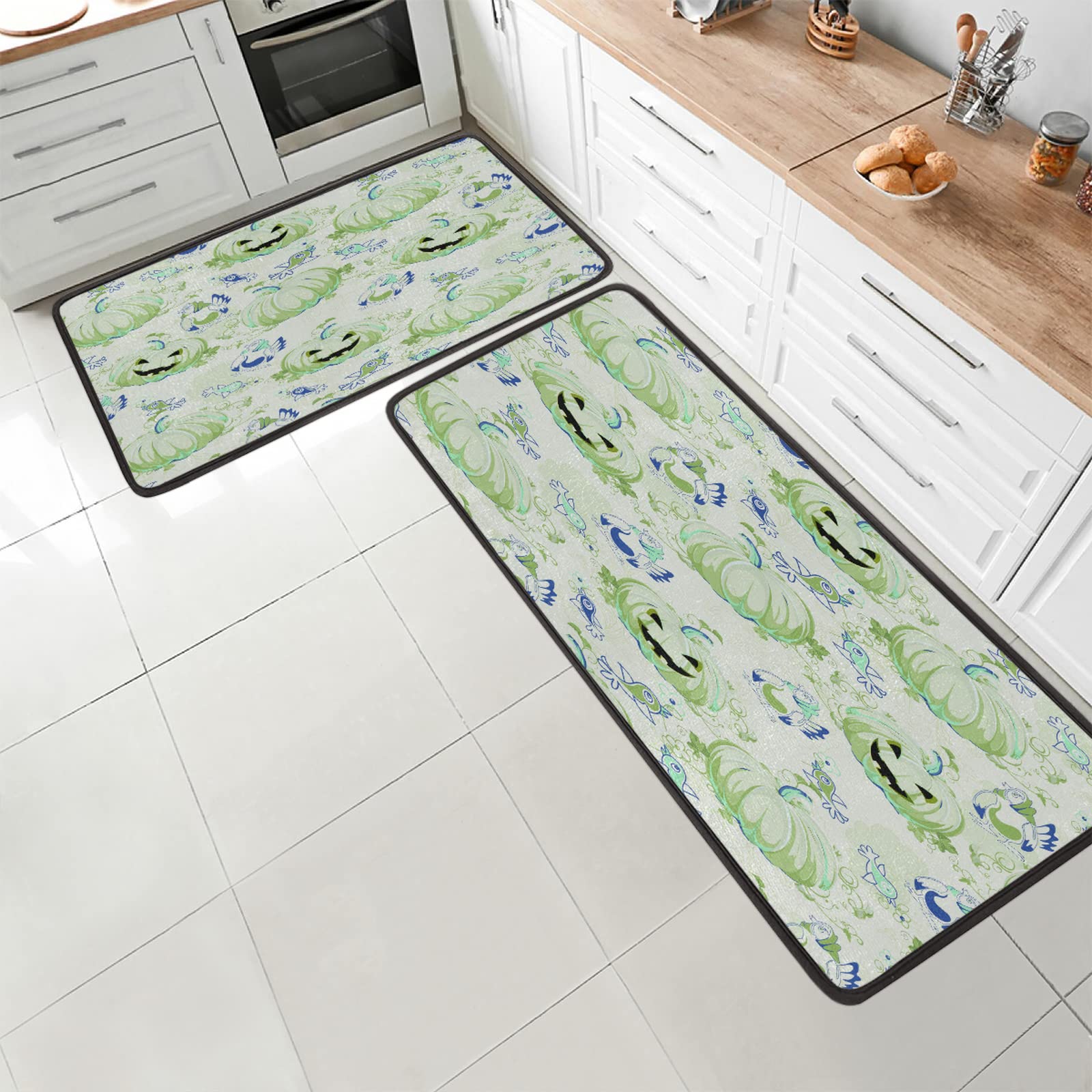 Halloween Pumpkin Design Anti-Fatigue Kitchen Mat Set - 2-Piece Non-Slip Memory Foam Rug Runner, Cushioned Heavy Duty Floor Mats for Soft Standing Comfort, Perfect for Kitchen, Laundry Room, and Office Use