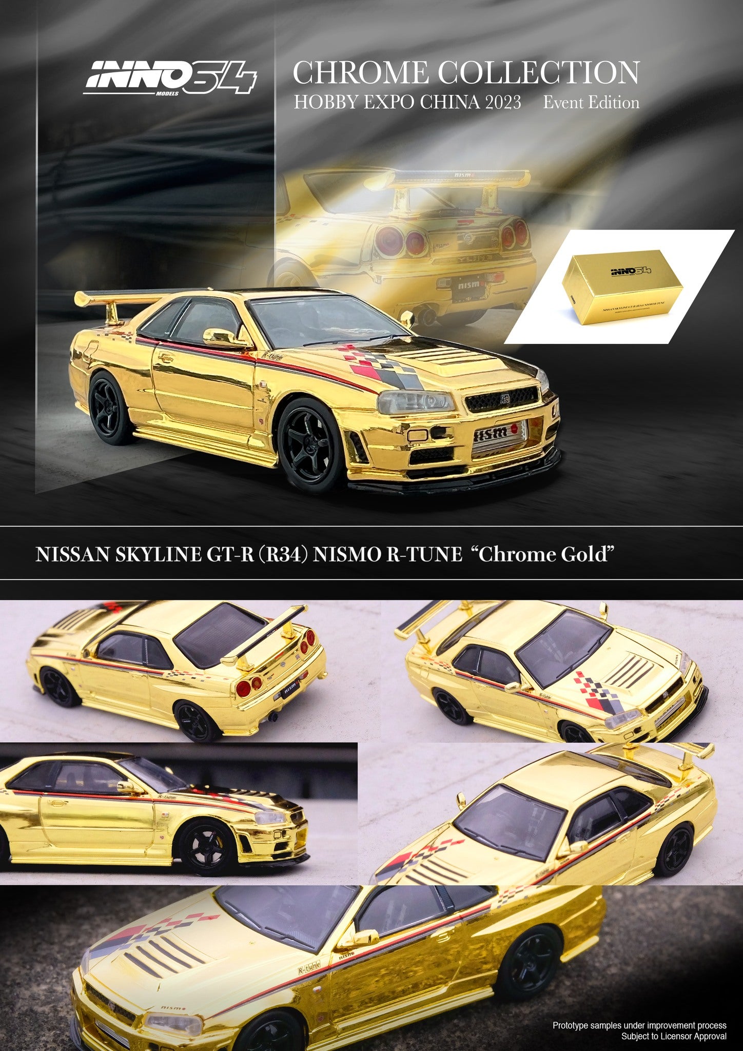 INNO64 1:64 Scale Nissan Skyline GT-R R34 R Tune Gold Chrome Limited Edition - Diecast Model Car for Collectors, Hobby Expo China 2023 Exclusive - Perfect for Display, Gifts & Car Enthusiast Collections