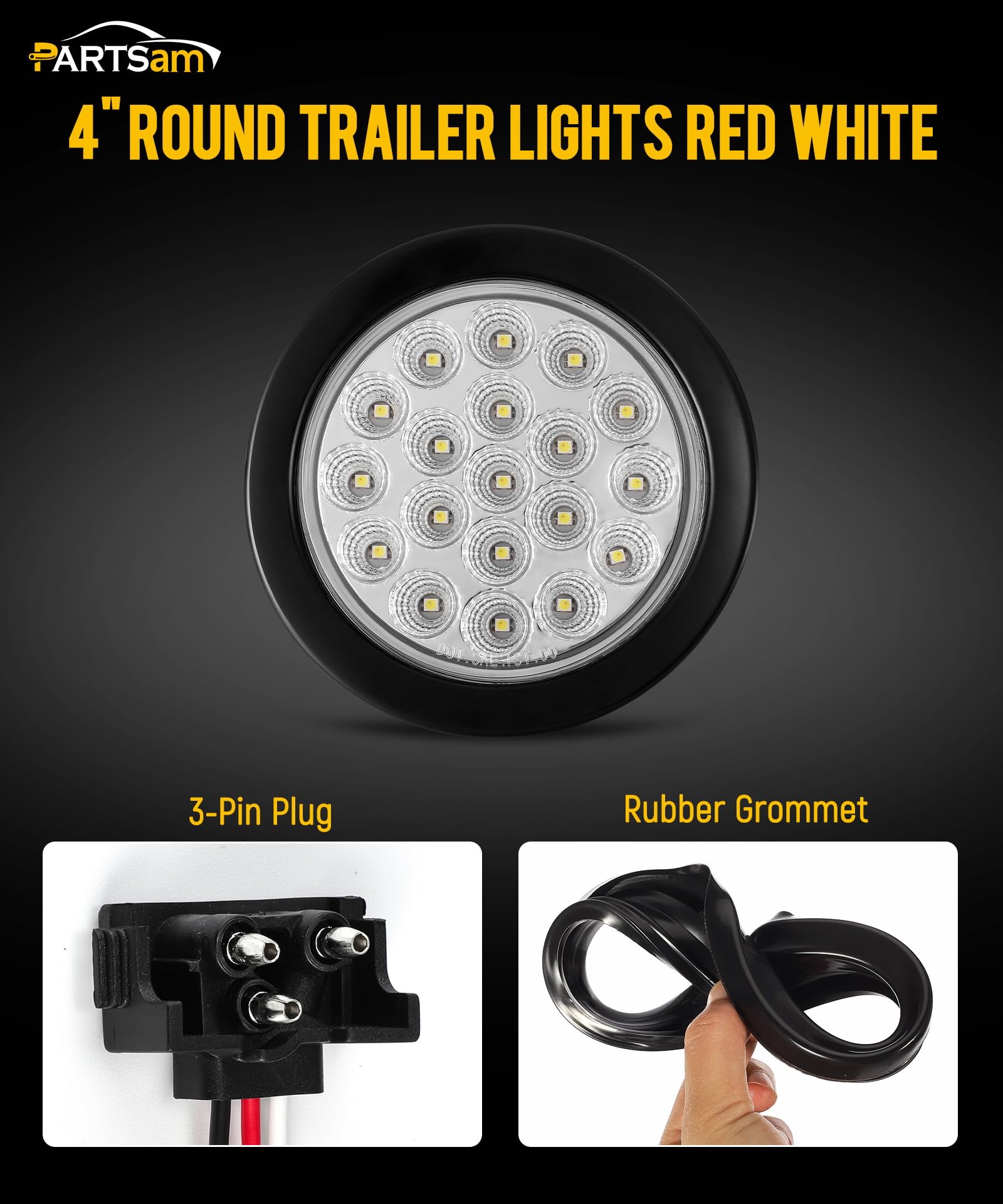 Partsam 2Pcs 4 Inch Round Red LED Stop Turn Tail Lights & White Backup Lights Kit - 19 Diodes with Rubber Grommets & 3-Prong Wire Pigtails - Waterproof LED Truck Trailer Lights for Heavy Duty Vehicles, RVs, Boats & Trailers - Perfect for Replacement & Custom Builds