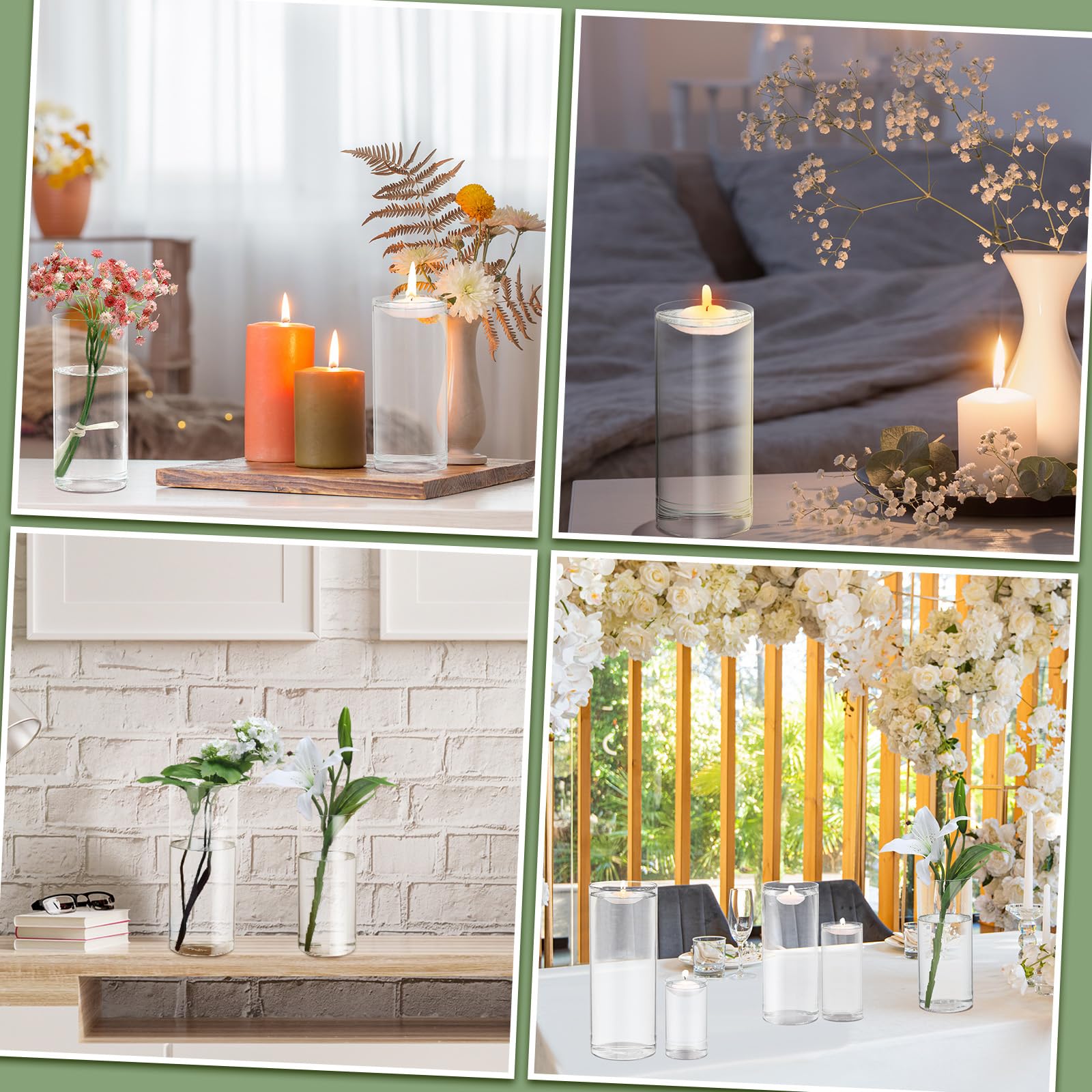 48 Pcs Glass Cylinder Vase Set - 4 Sizes (4/6/8/10 Inch) Clear Round Hurricane Vases with 96 Floating Candles for Wedding Centerpieces, Holiday Decor, Party Events & Home Decoration - Perfect for Table Settings, Floating Flower Displays & Candlelight Dinners