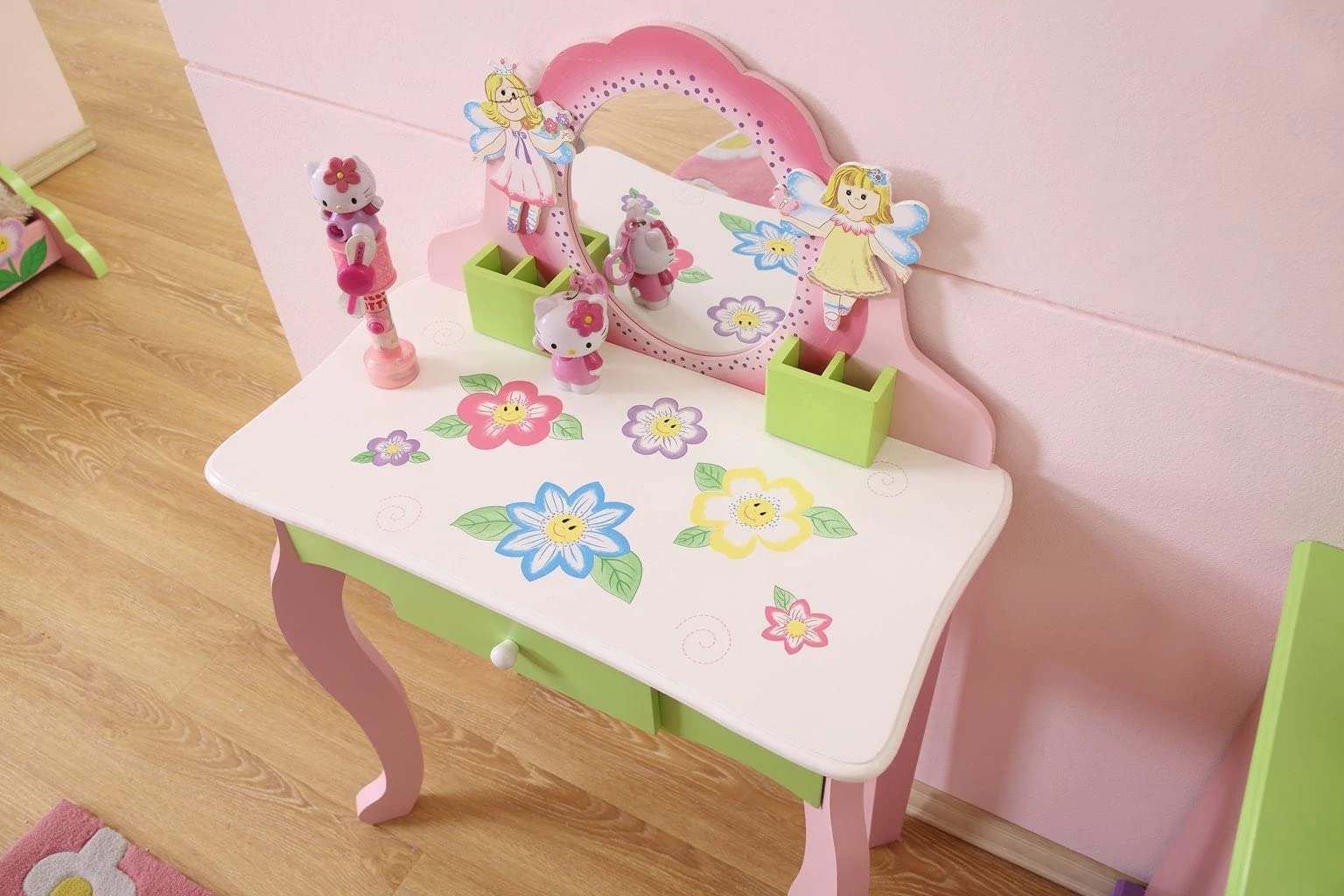 Layla Girls Flower Vanity Set with Stool - Kids Makeup Dressing Table with Mirror & Storage - Perfect for Pretend Play, Birthday Gifts & Bedroom Decor