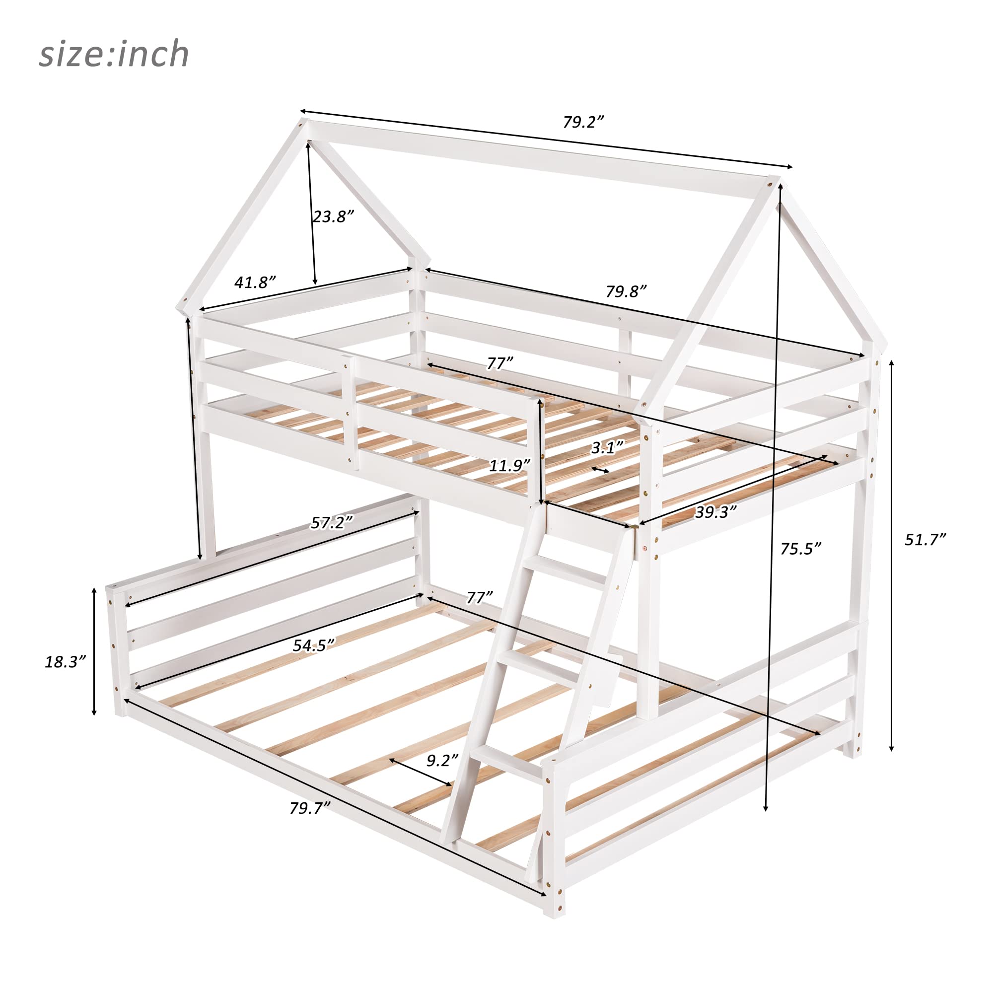 Low Bunk Bed Twin Over Full with Built-in Ladder - Sturdy Wooden Bunk Bed Frame for Kids & Teens - Space-Saving Bedroom Furniture for Small Rooms & Shared Kids' Rooms - White