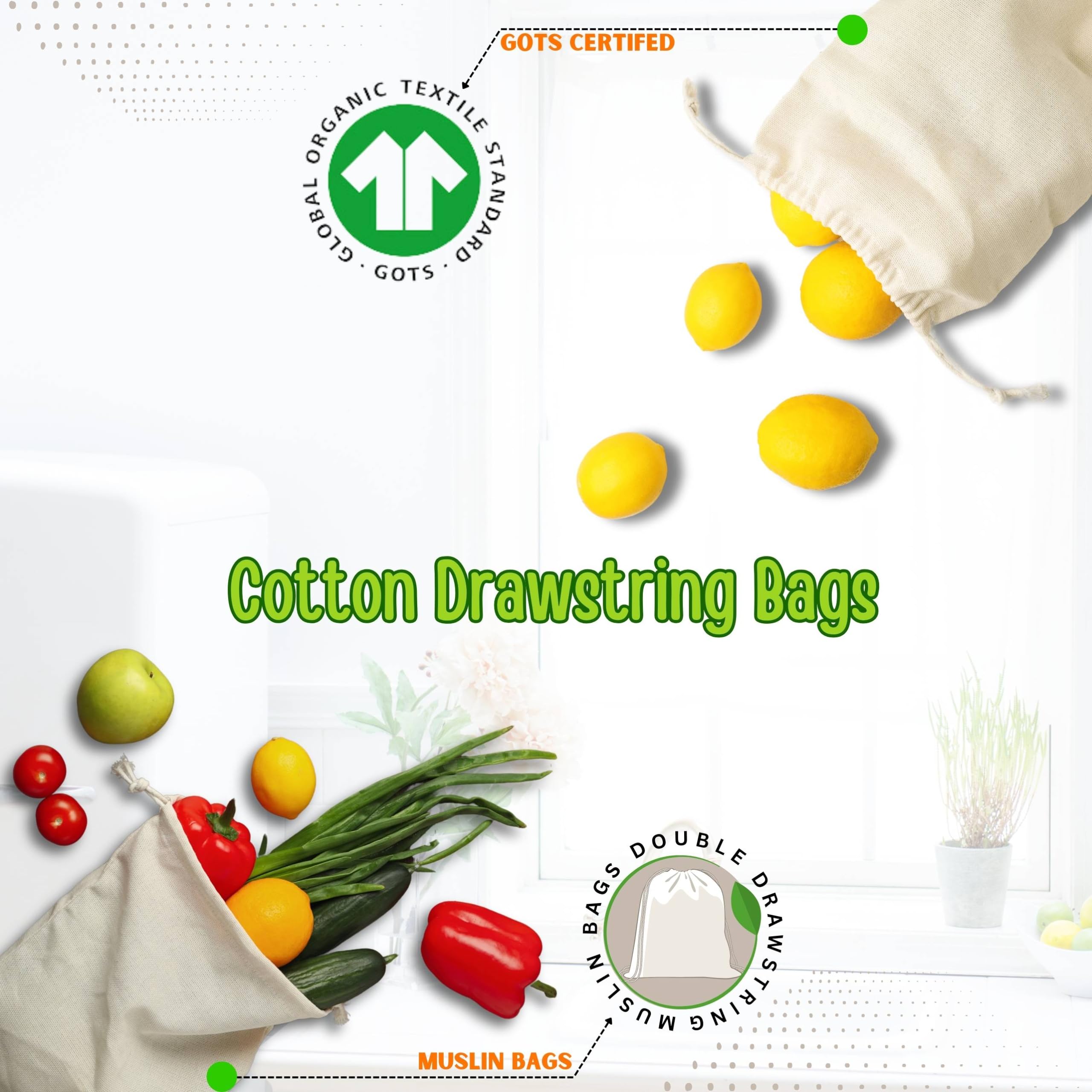Organic Cotton Muslin Bags with Drawstrings - 100% Natural, Washable & Biodegradable Food Safe Storage Bags for Produce, Bread, Snacks & Travel Essentials | Eco-Friendly Reusable Cotton Mesh Bags