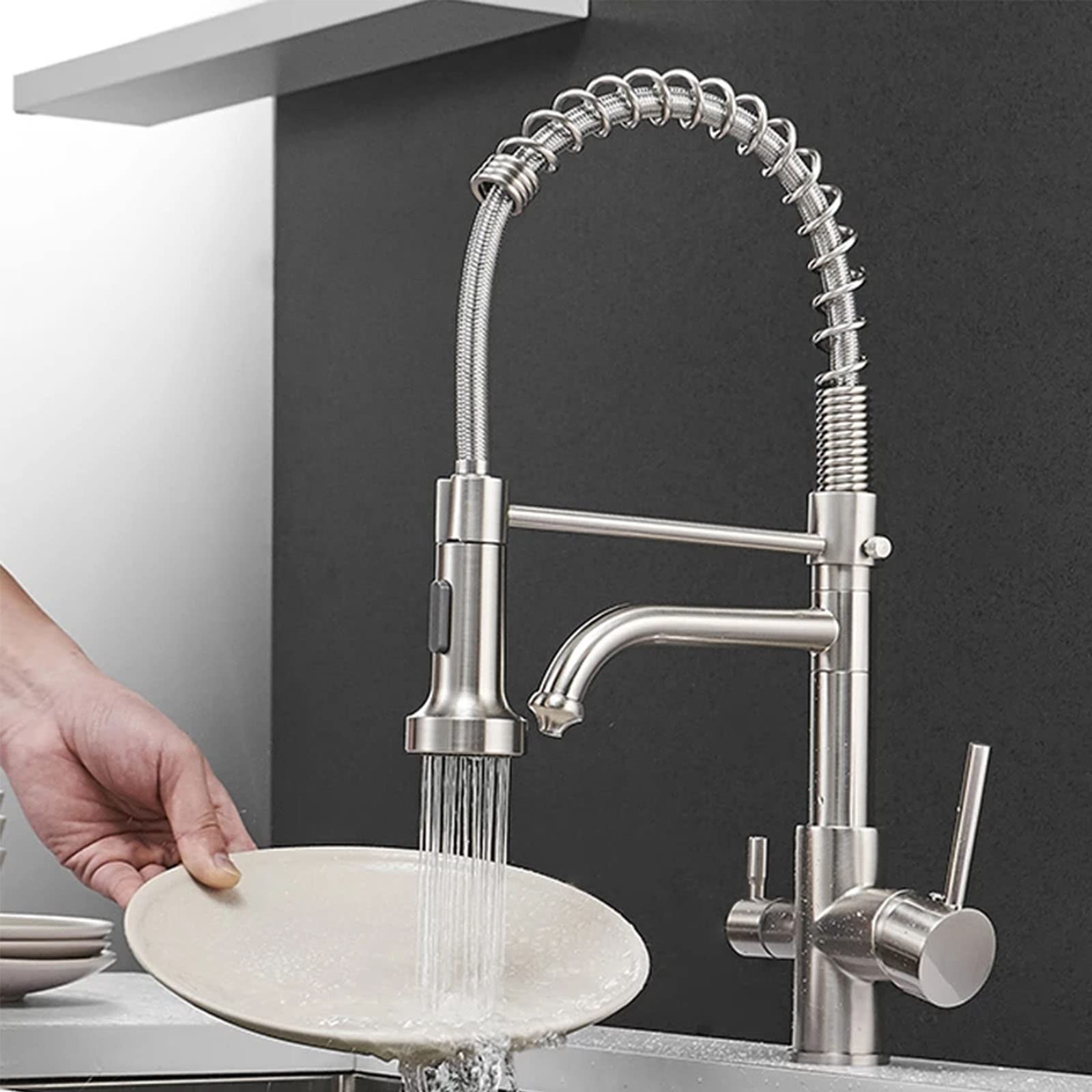 Premium Brushed Nickel Double Handle Kitchen Sink Faucet with Hot/Cold Water Mixer & Pure Water Nozzle - 360° Swivel Spout for Modern Home Cooking and Dishwashing