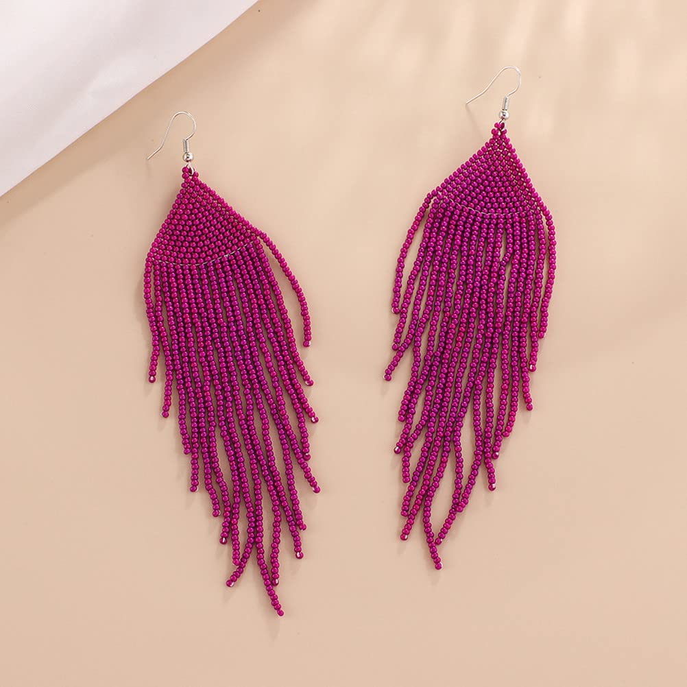Handmade Long Beaded Tassel Earrings for Women - Boho Drop Fringe Dangle Earrings with Native Seed Beads | Perfect for Festivals, Parties, and Boho Chic Outfits