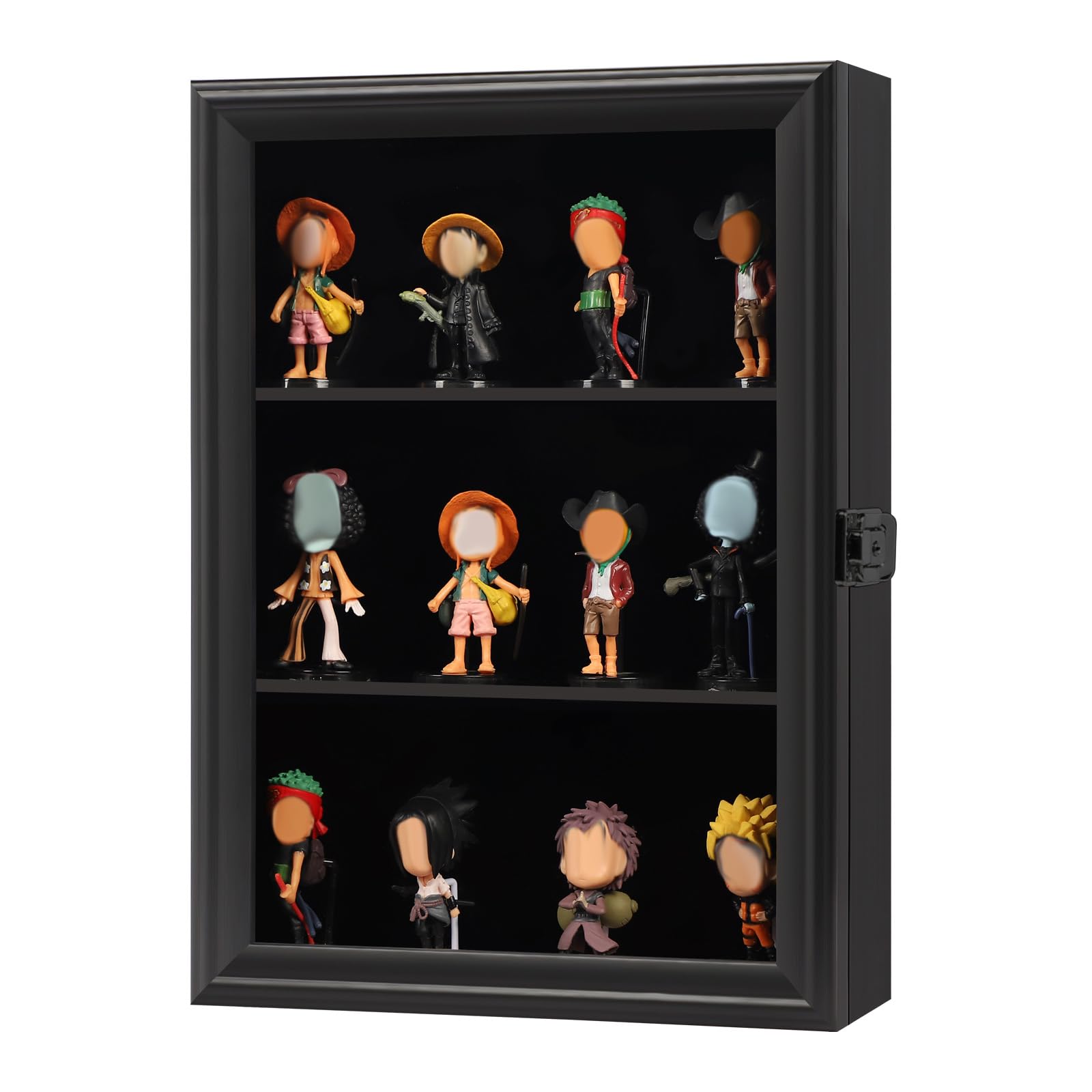 Wooden Wall Mounted Display Cabinet for Minifigures & Action Figures - Lockable Glass Door with Metal Lock for Mini Toys, Collectibles, and Stone Rocks - Perfect for Home Office, Game Room, and Collection Display (Black)