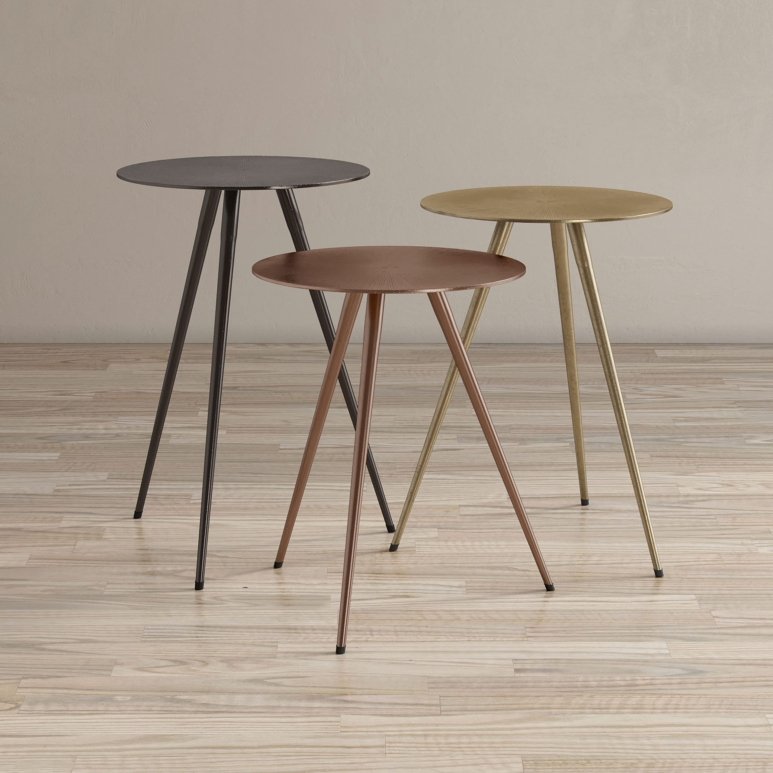Modern Minimalist Round Metal End Tables - Set of 3 Nesting Accent Tables in Black, Gold & Copper Finish for Living Room, Bedroom or Office Decor