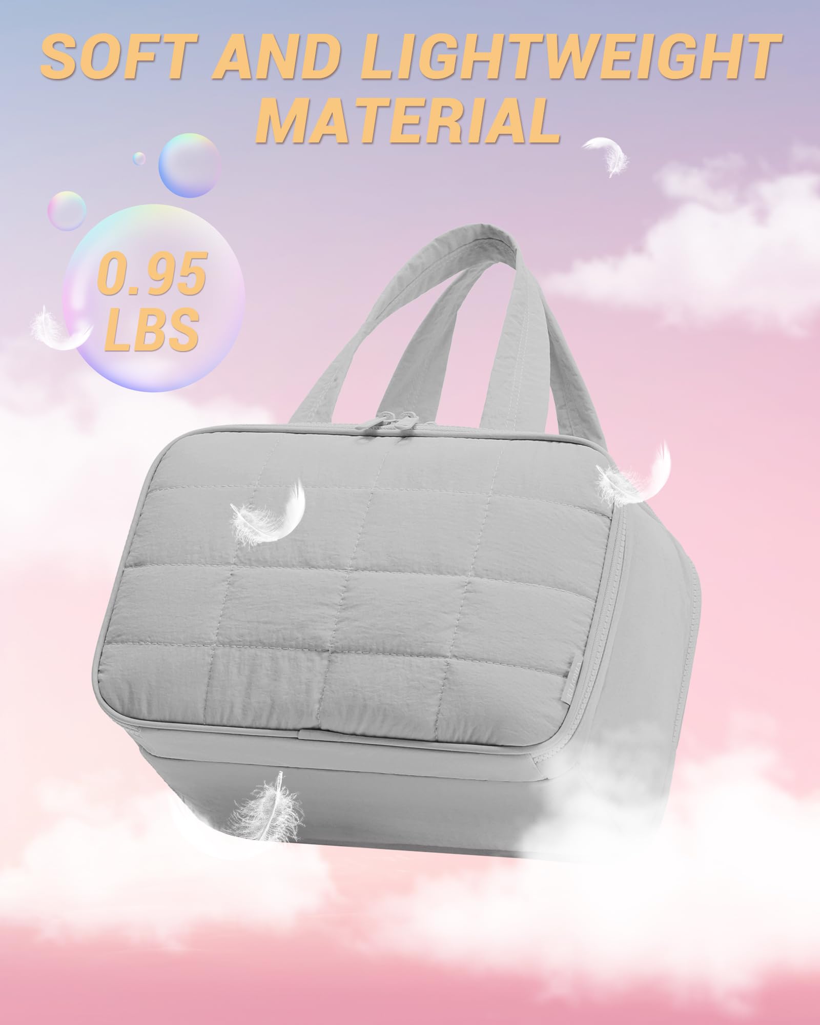 Quilted Travel Toiletry Bag for Women - Lightweight Cosmetic Organizer with Handle for Makeup, Accessories & Essentials | Perfect for Vacation, Gym & Business Trips (Grey)