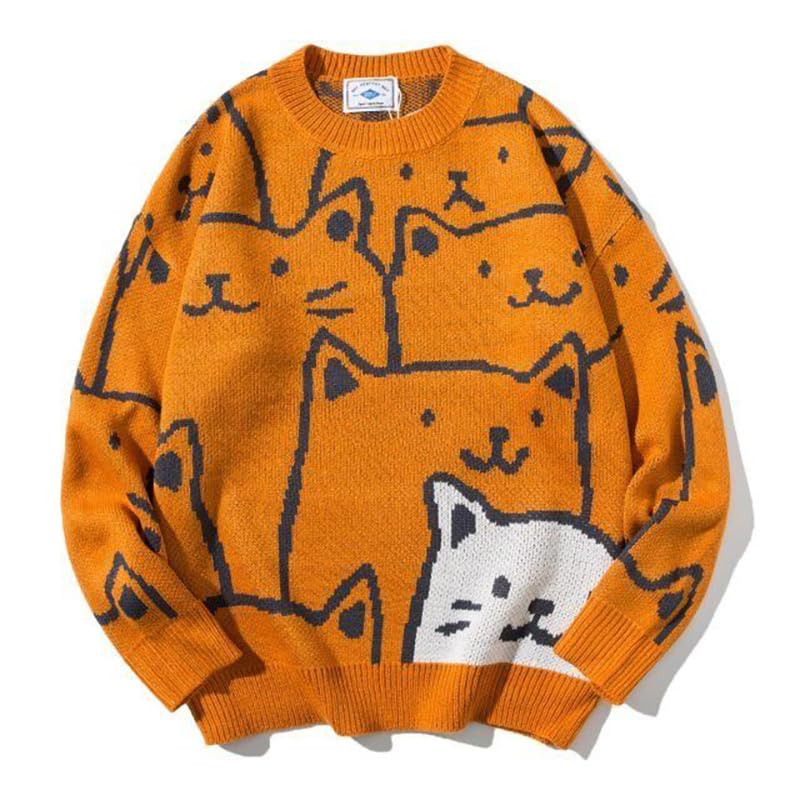 Japanese Gothic Cat Graphic Men's Grandpa Sweater - Emo Alt Crewneck Knit Long Sleeve Top | Y2K Fashion for Streetwear, Cosplay & Alternative Clothing Lovers