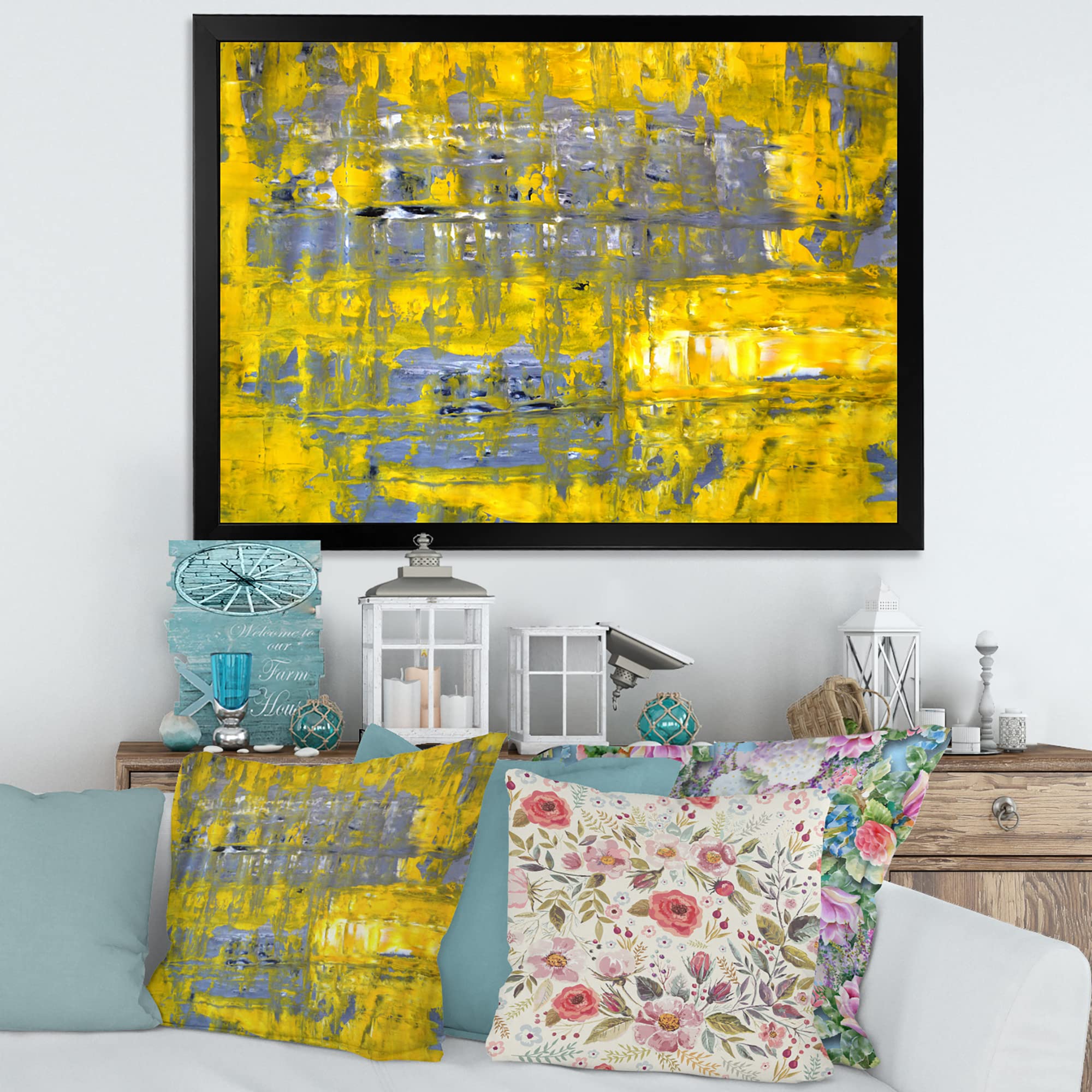 DesignQ Yellow Meets Grey Abstract Art Print - Modern Framed Wall Decor for Living Room, Bedroom & Office - Contemporary Home & Office Decoration