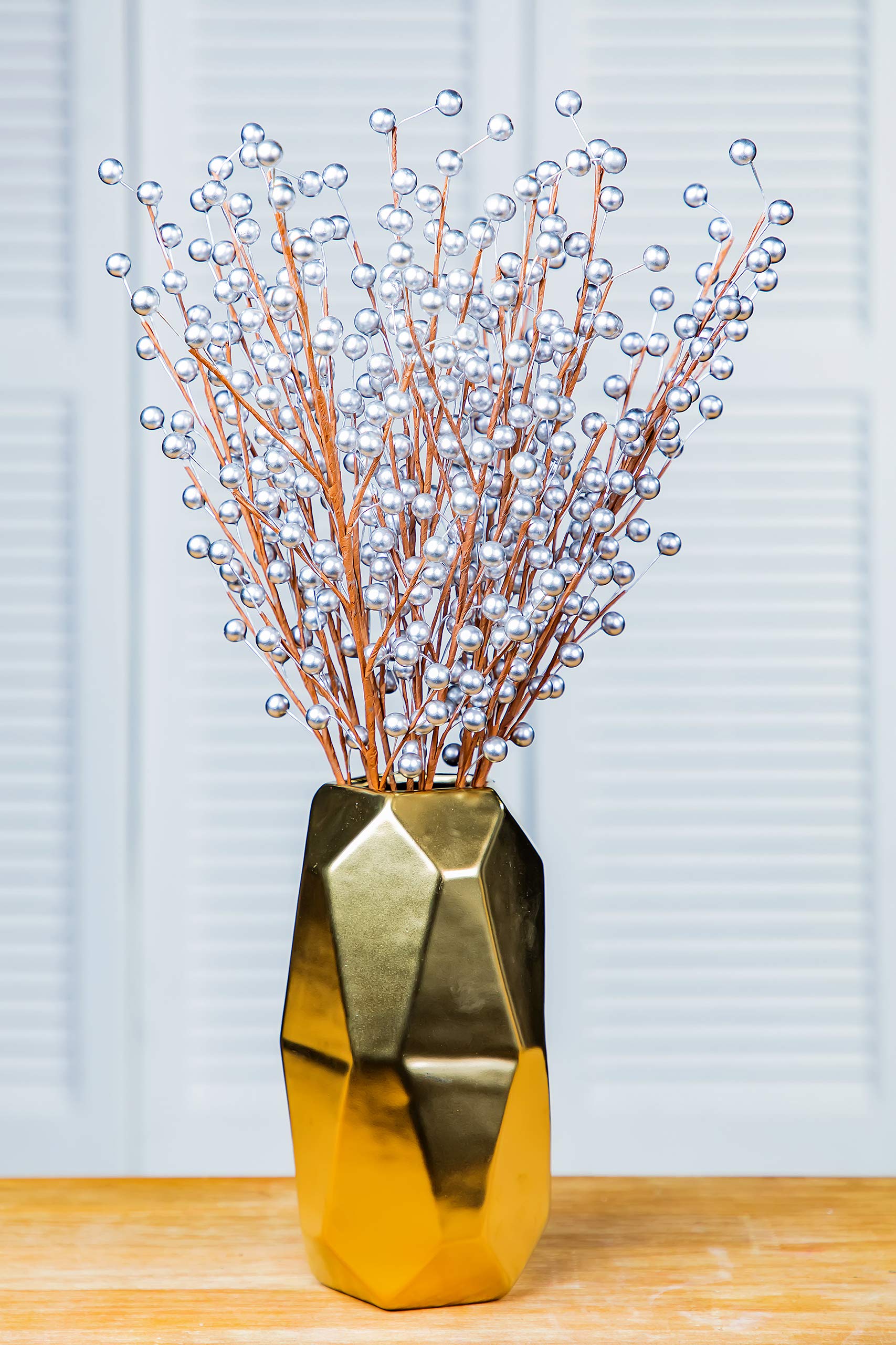 Artificial Berry Sprays Combo with Decorative Vase - 12 Handcrafted Berry Stems & Maven Vase Set for Home, Wedding, Christmas & Indoor Decor (Silver) | Perfect for Centerpieces, Table Arrangements & Seasonal Displays
