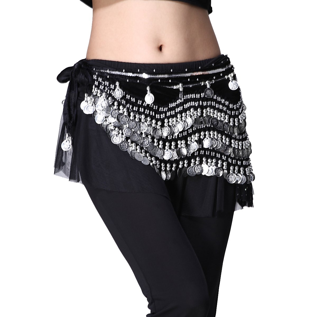 Women's Belly Dance Hip Scarf with Silver Coins - Wave Shape Design for Professional Performances & Costume Accessories | Perfect for Dance Practice, Stage Shows & Cultural Events
