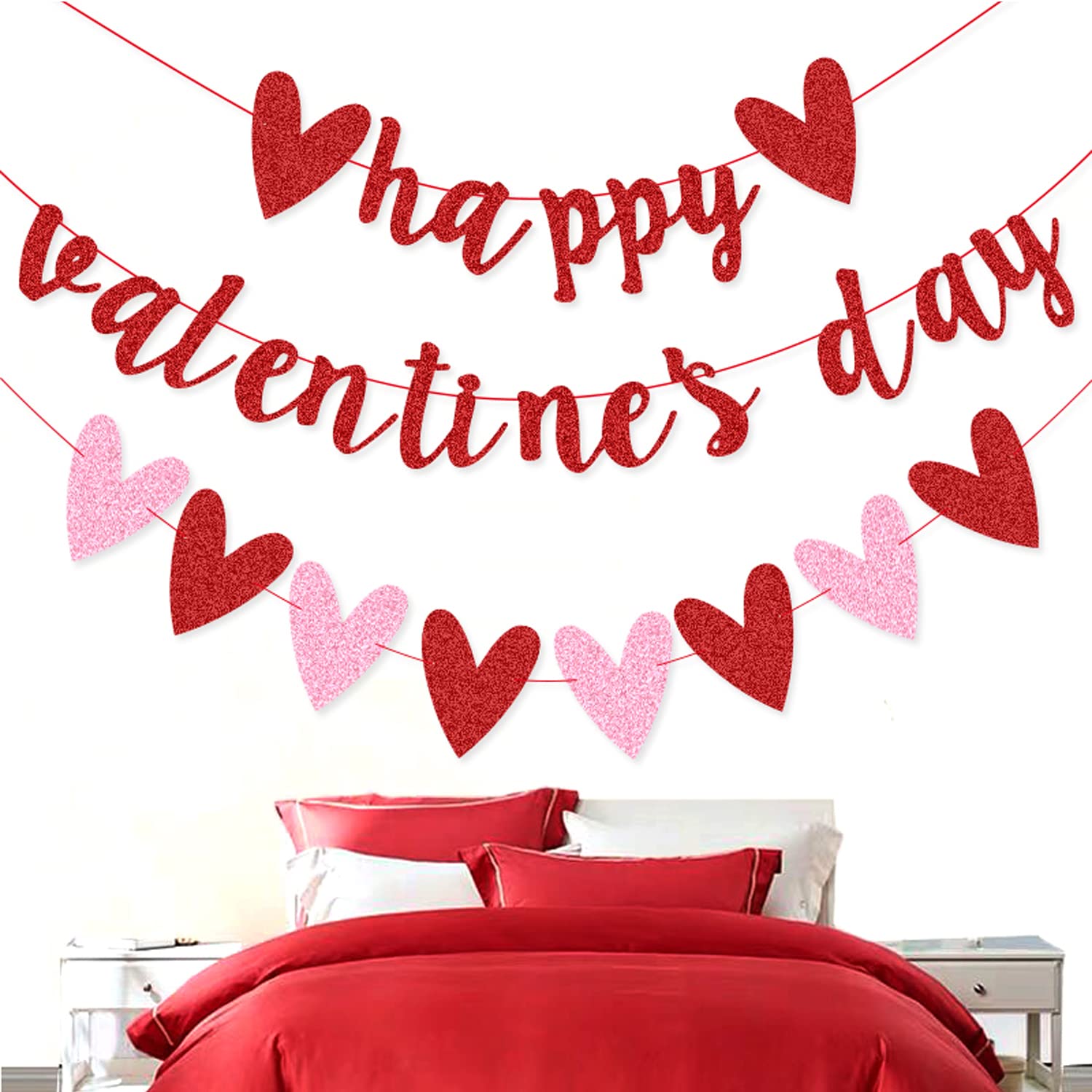 XIANMU 10ft Red Glitter Valentine's Day Banner & Pink Heart Garland - Reusable Party Decor for Valentine's, Weddings, Anniversaries & Romantic Home Decor