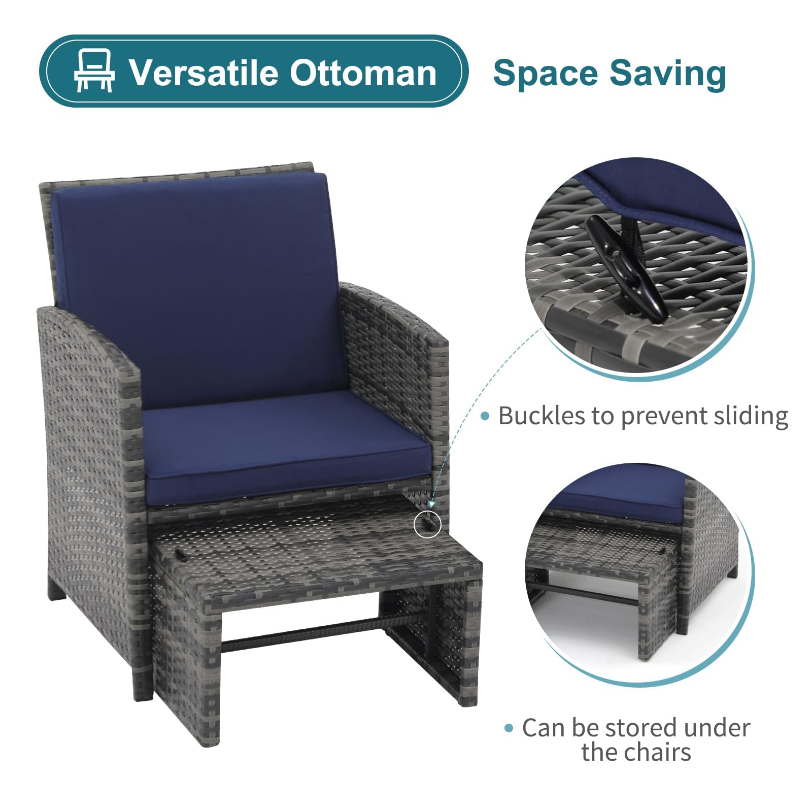OC Orange-Casual 5-Piece Outdoor Patio Furniture Set - Wicker Conversation Chairs with Ottoman & Coffee Table - Includes Navy Blue Cushions - Perfect for Balcony, Porch, Deck & Backyard Relaxation
