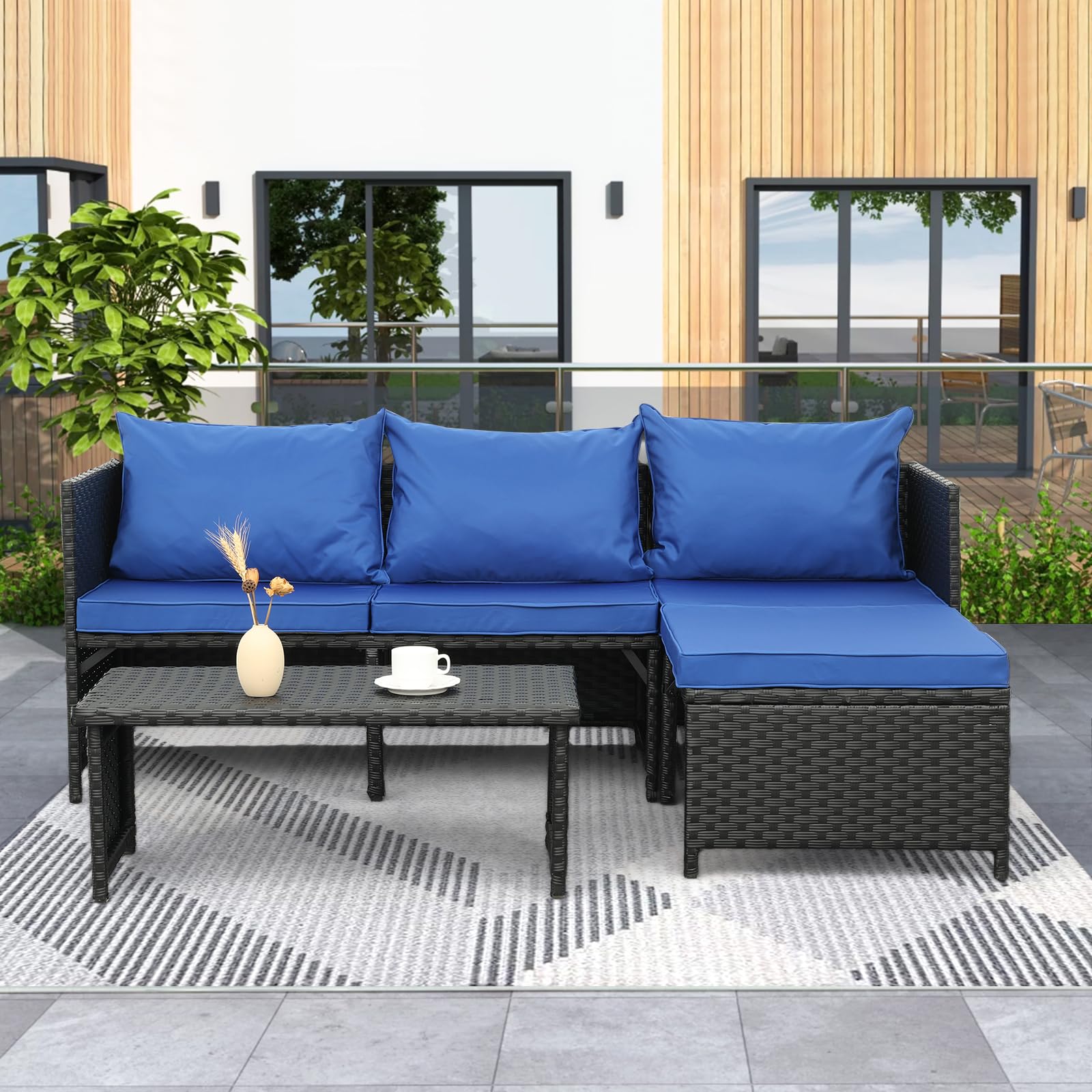 Valita 3-Piece Outdoor PE Rattan Furniture Set - Black Wicker Patio Conversation Sofa with Royal Blue Cushions, Waterproof & UV Resistant for Garden, Poolside, and Backyard Relaxation