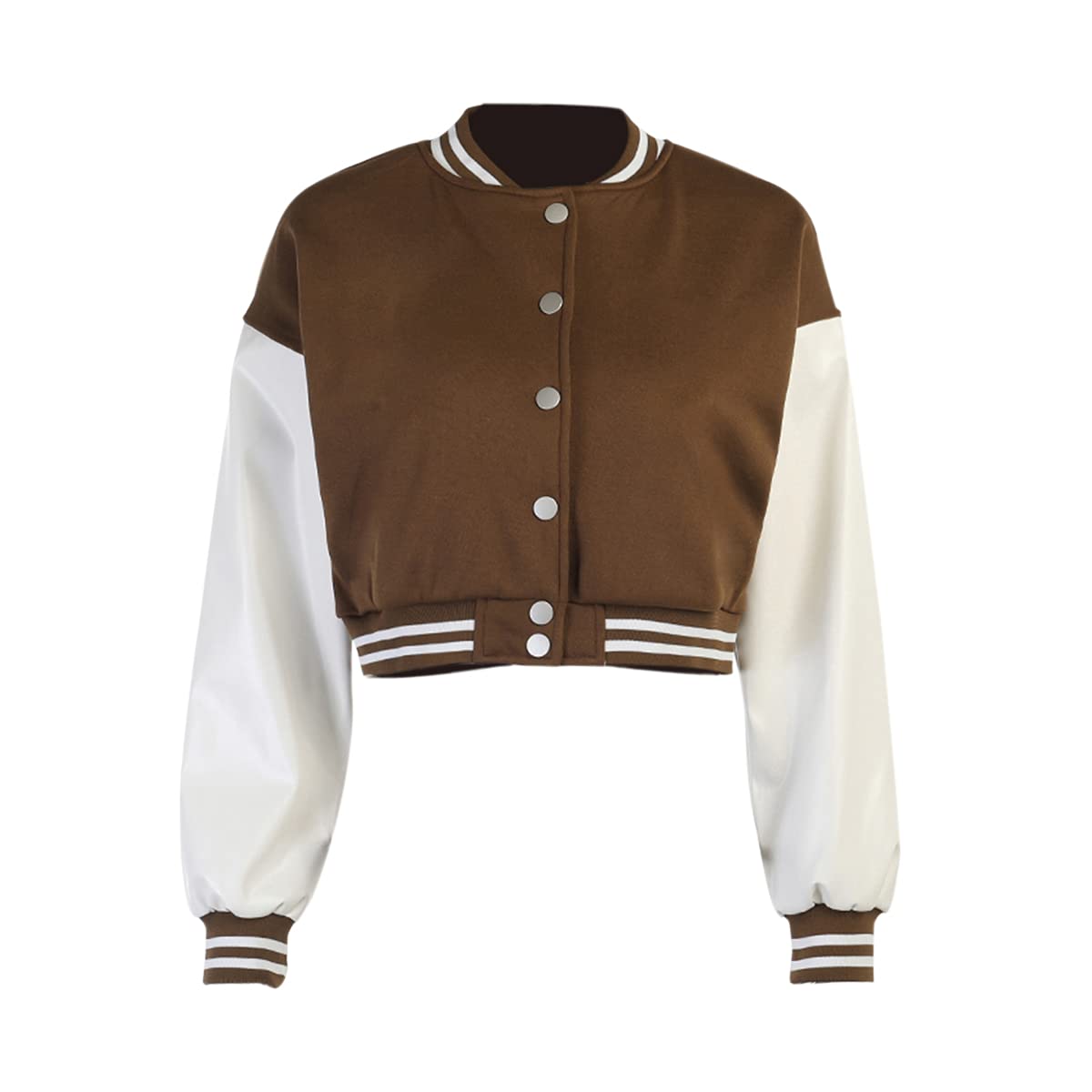 KIRJAUDU Women's Colorblock Patchwork Varsity Baseball Jacket - PU Leather Sleeves Cropped Bomber Jacket for Casual Outfits & Streetwear Fashion