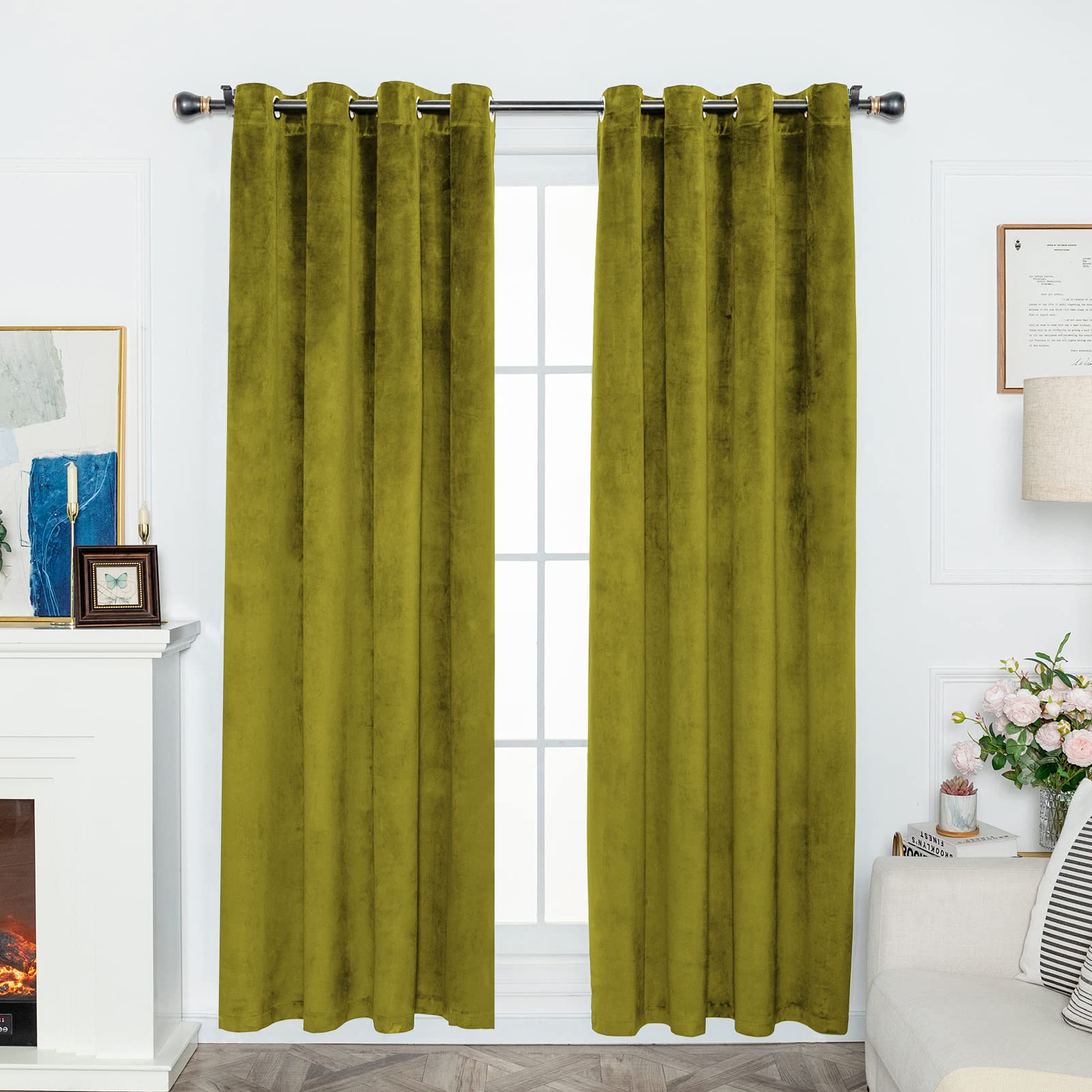 FY FIBER HOUSE Blackout Curtains Set of 2 - 52x95 Inch Olive Green Velvet Grommet Window Drapes for Bedroom & Living Room | Noise Reducing, Thermal Insulated, Light Blocking Door Curtains for Home Decor
