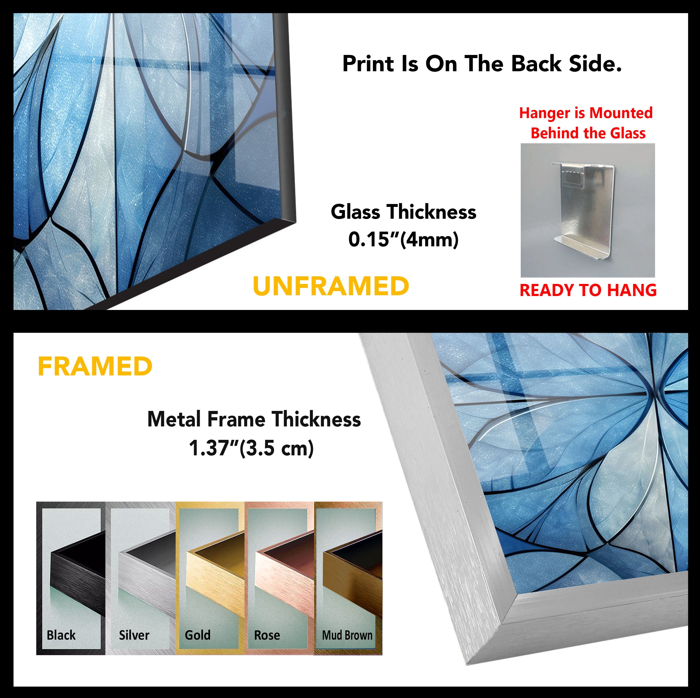 Blue Floral Geometric Wall Art - Modern Glass Panel with Elegant Petal Design for Home Decor, Living Room & Office