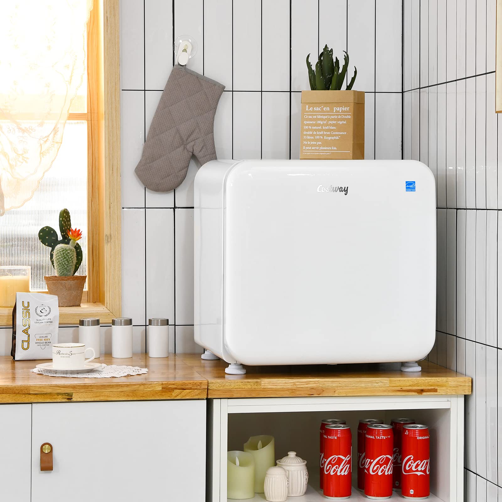 COSTWAY 1.6 cu ft Compact Refrigerator - Single Door Mini Fridge with Adjustable Temperature (32℉-50℉), Auto Defrost, Reversible Door & Removable Glass Shelves - Perfect for Apartments, Dorms, Offices & Bedrooms (White)