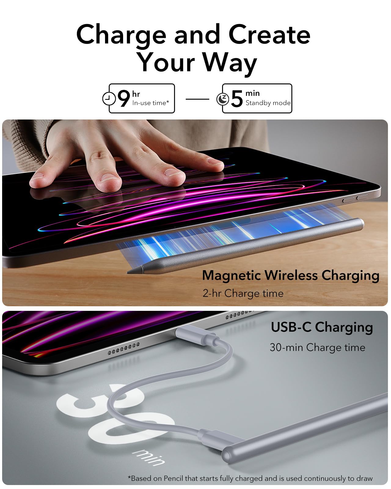 ESR 2nd Gen Magnetic Wireless Charging Stylus Pen for iPad - Tilt Sensitivity & Palm Rejection Compatible with iPad Pro 12.9/11, iPad Air 5/4, iPad Mini 6 (Dark Silver) | Perfect for Digital Art, Note-Taking & Professional Design Work