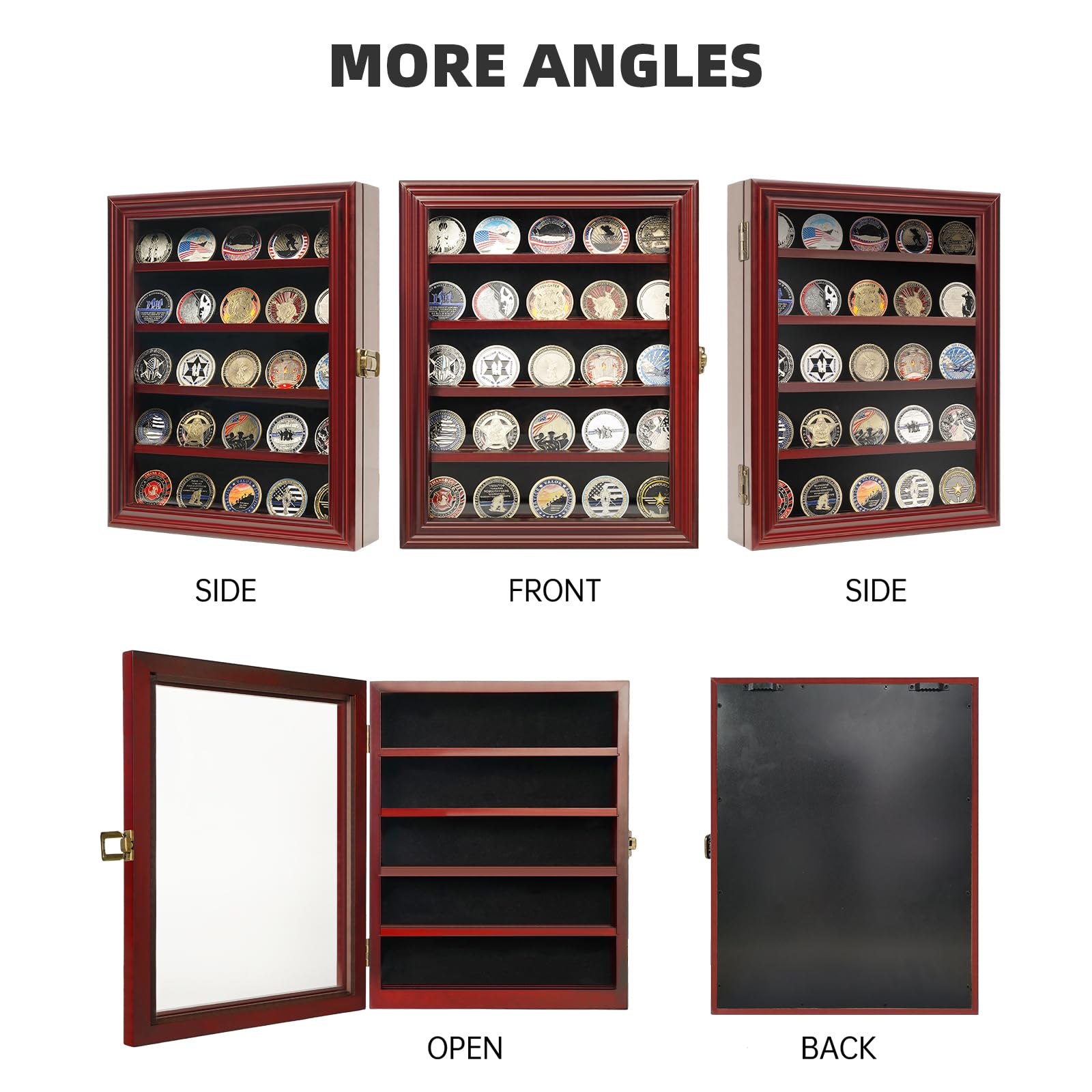 Premium Wooden Challenge Coin Holder Display Case with HD Tempered Glass - 5 Row Medal Shadow Box with Removable 2-Groove Shelves - Poker Chip Rack for Collectors - Wall Mountable or Tabletop Display - Mahogany Finish - Perfect for Military, Police, Firefighter Collections & Home Office Decor