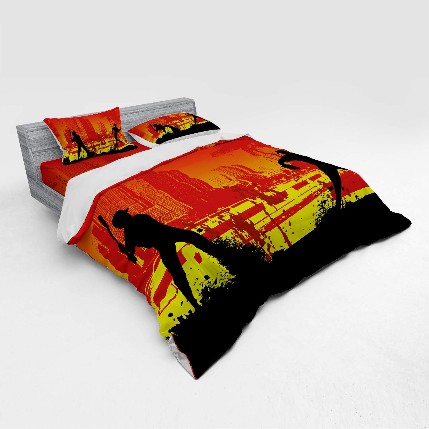 Ambesonne Teen Room Bedding Set - Baseball Player Urban Cityscape Design, 4-Piece Duvet Cover Set with Shams & Fitted Sheet, King Size in Red, Yellow & Black | Perfect for Boys' Bedroom, Dorm Room & Sports Theme Decor