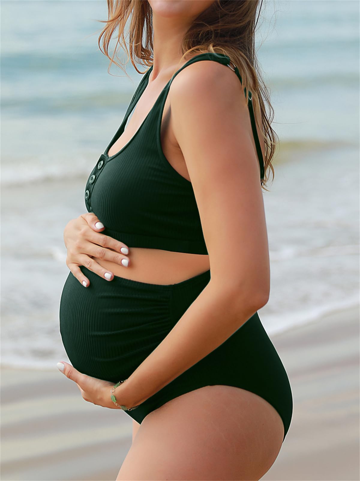 Summer Mae Maternity Ribbed High Waist Bikini Set - Two Piece Pregnancy Swimwear with Crop Top & High Cut Bottoms for Beach, Pool & Vacation | Comfortable Maternity Swim Suit