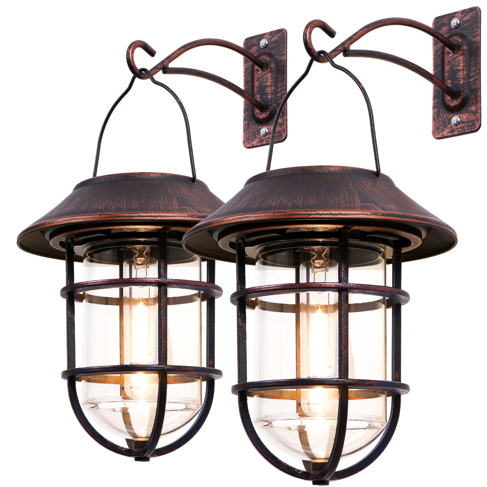 Outdoor Solar Lantern with LED Edison Bulbs - Waterproof Metal Hanging Solar Light with Clear Glass & Aluminum Hook - Bronze Decorative Wall Lantern for Patio, Garden, Porch and Backyard Lighting