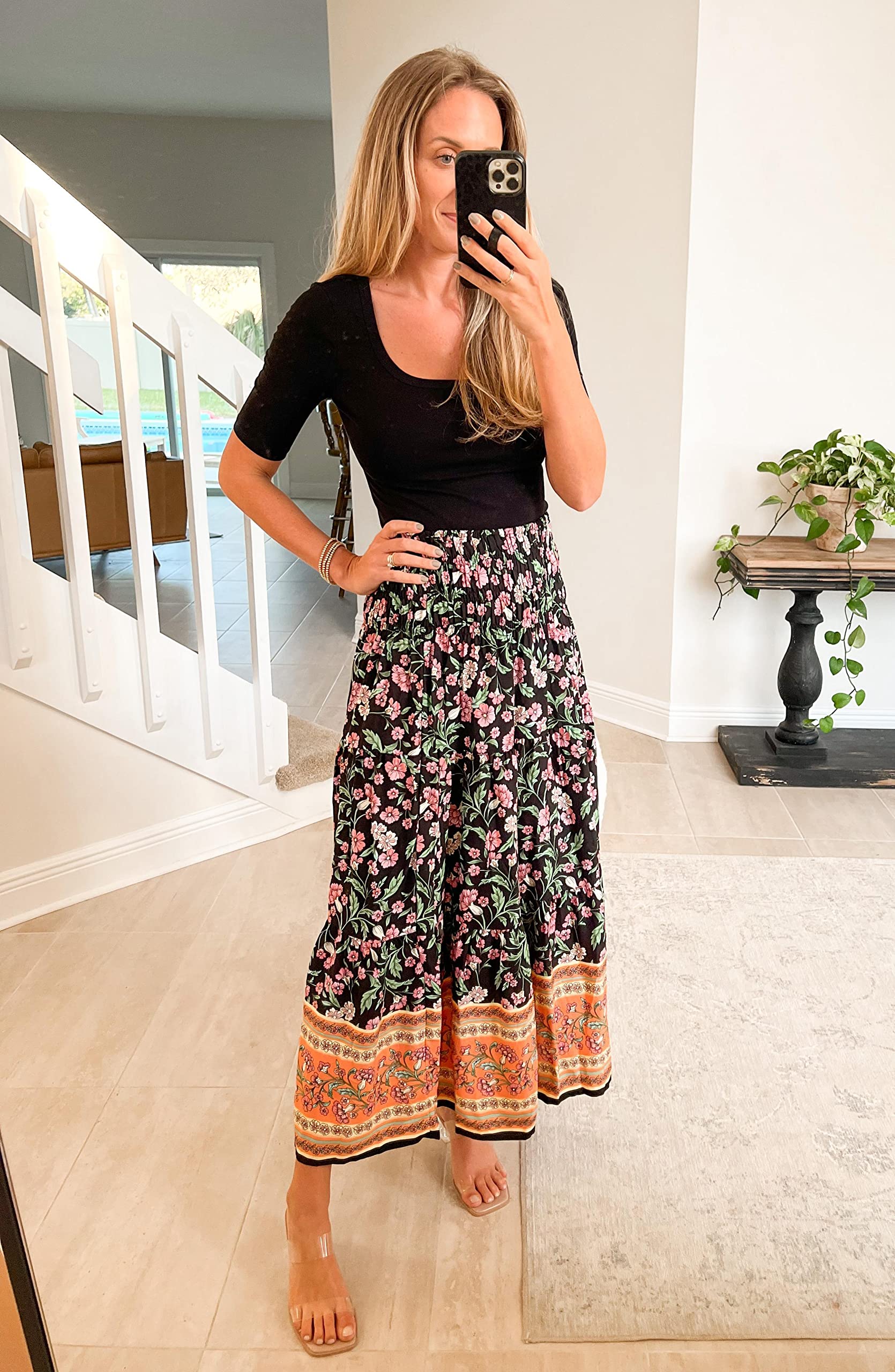 CFLONGE Women's Bohemian Long Maxi Skirt - Flowy High Waist A-Line Pleated Summer Skirt for Women | Beach, Vacation, Festival & Casual Outfit