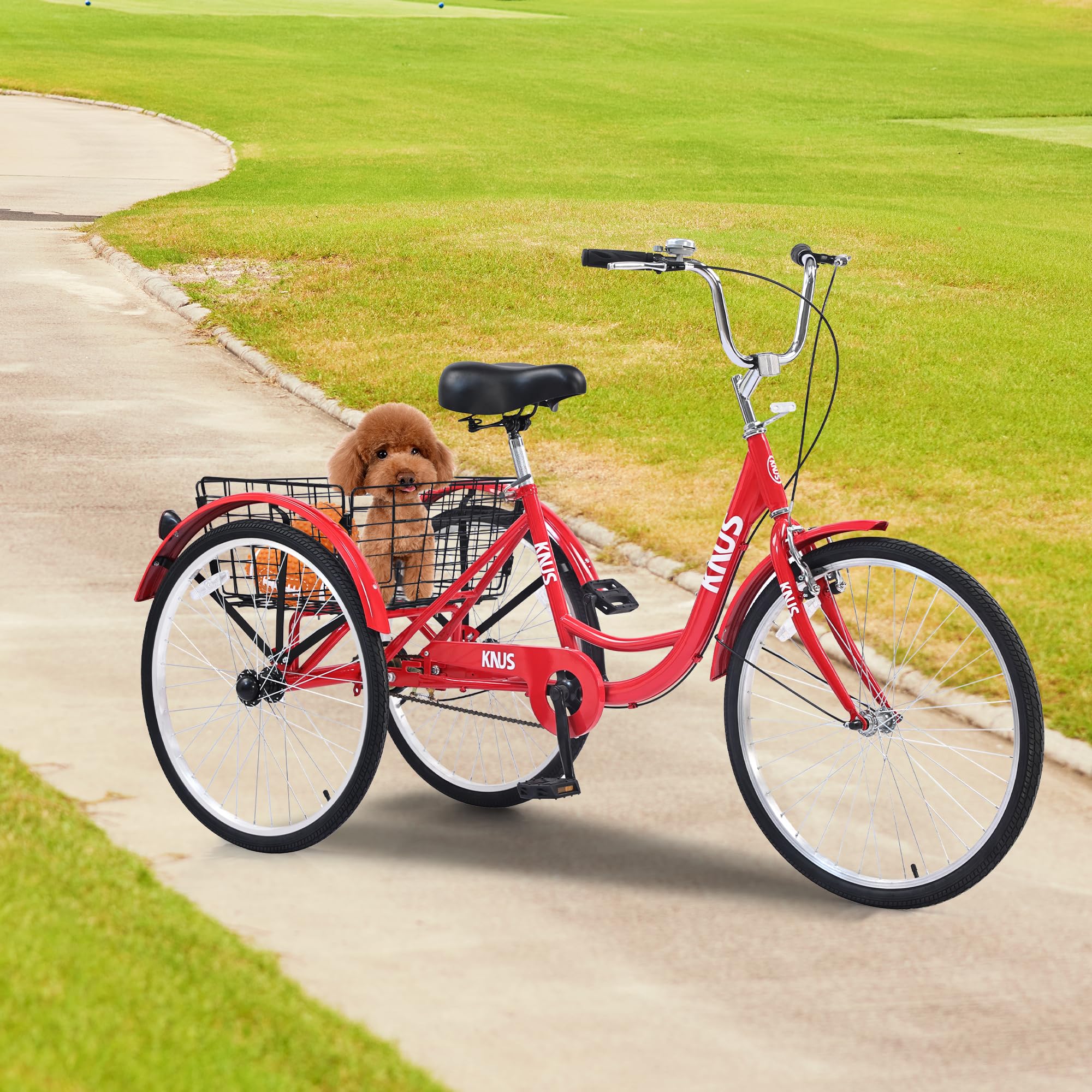 KNUS Adult Single Speed Cargo Tricycle - 24 Inch 3 Wheel Beach Cruiser Bike with Large Shopping Basket for Seniors, Women & Men - Perfect for Grocery Shopping, Pet Transportation & Beach Rides