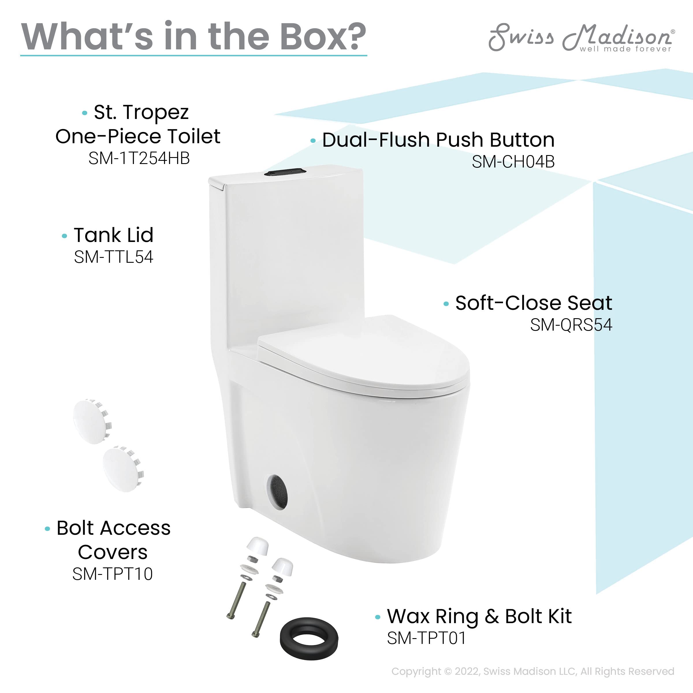 Swiss Madison St. Tropez SM-1T254HB Elongated One-Piece Toilet with Vortex Dual-Flush 1.1/1.6 GPF, Comfort Height Chair Seat, ADA Compliant, Glossy White Finish & Black Hardware - Perfect for Modern Bathrooms & Water-Efficient Homes